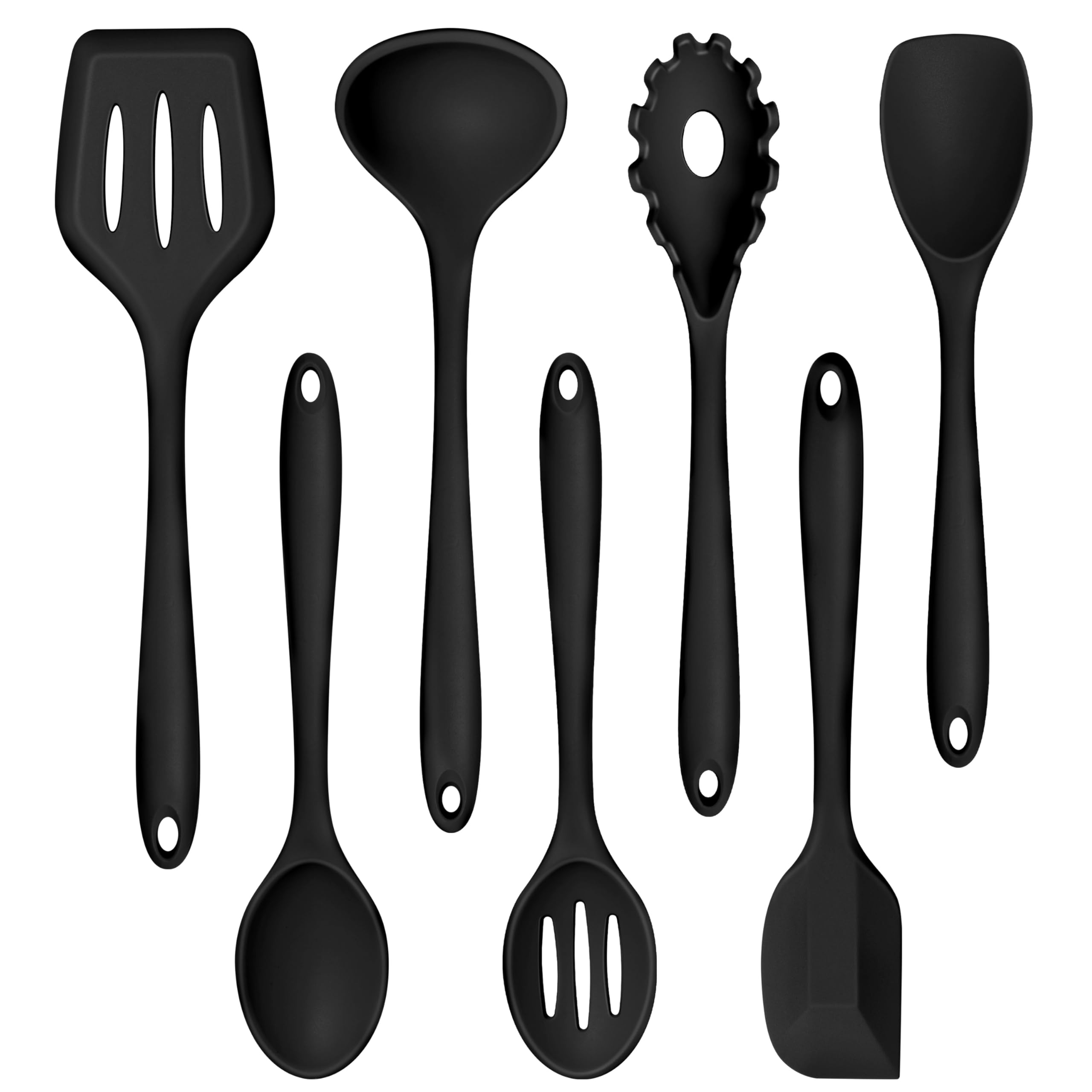 Teamfar Silicone Cooking Utensil Set Of 7, Black Kitchen Nonstick Tools Turner Spoon Spatula Ladle Pasta Server For Nonstick Coo