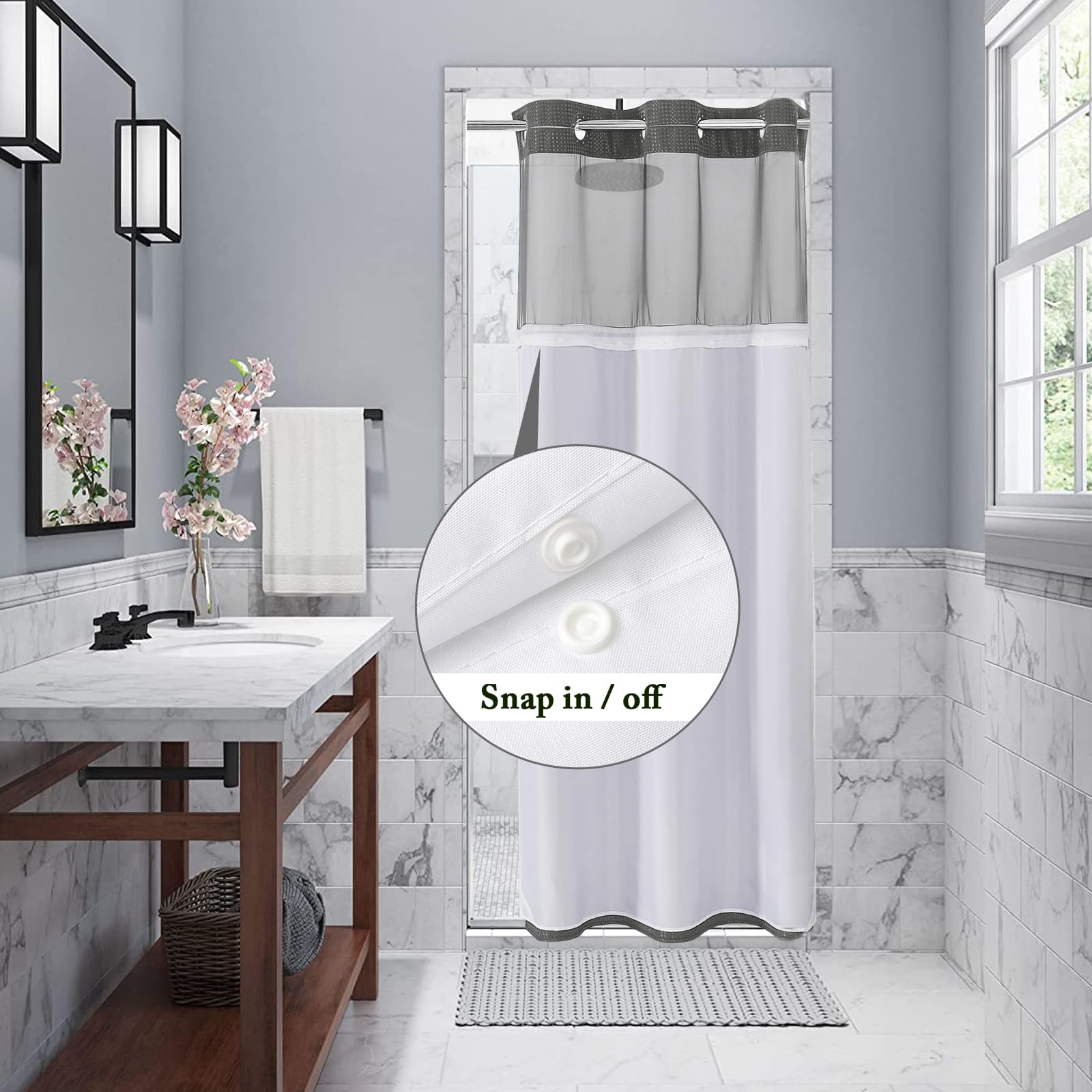 Gibelle Stall Small Shower Curtain 36X74, Waffle Weave Shower Curtain With Snap-In Fabric Liner Set, No Hooks Needed, Hotel Styl