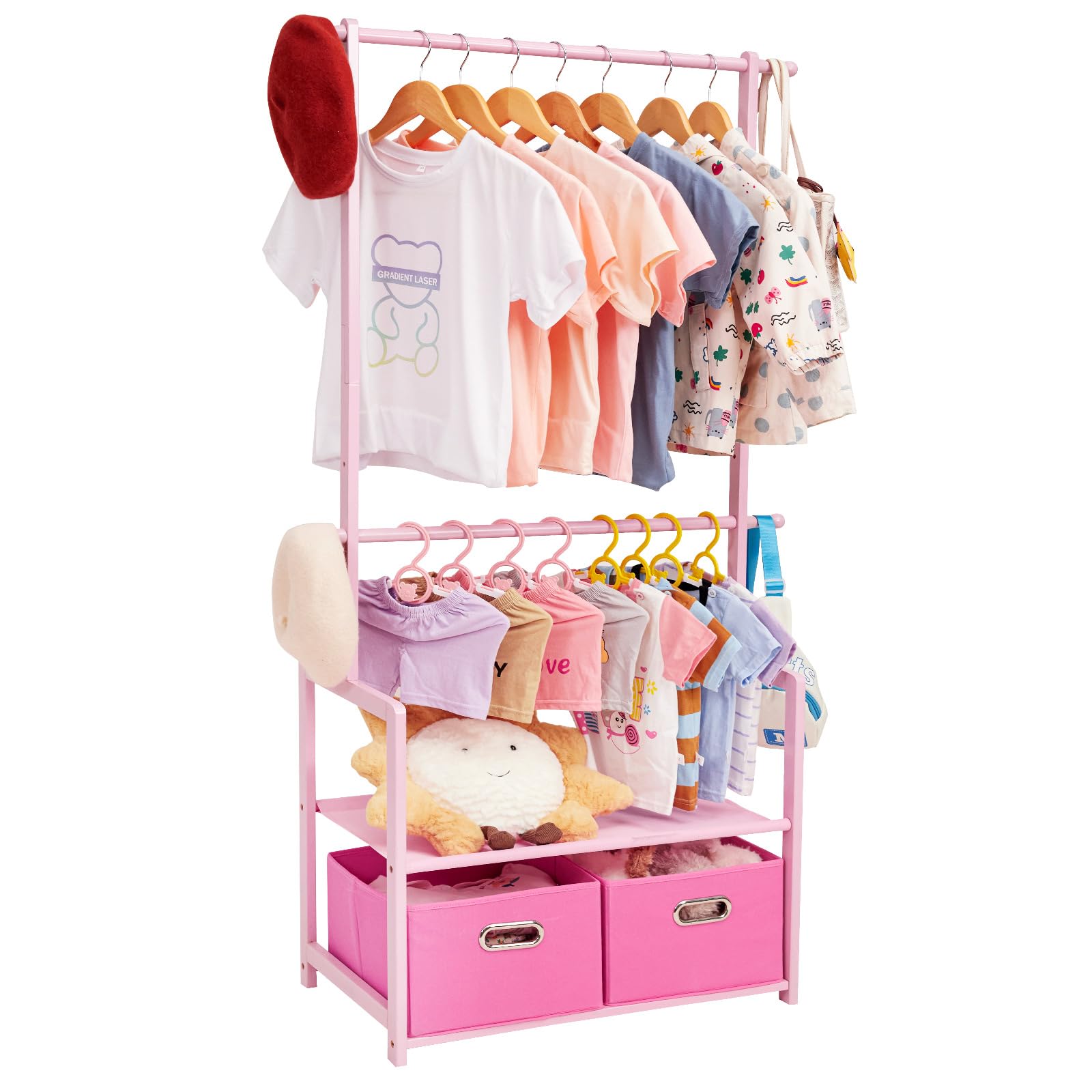 Vilaxing Kids Clothing Rack Bamboo With 2 Storage Baskets And 2 Adjustable Hanging Rods,Child Garment Holder With Shelf, Dress U