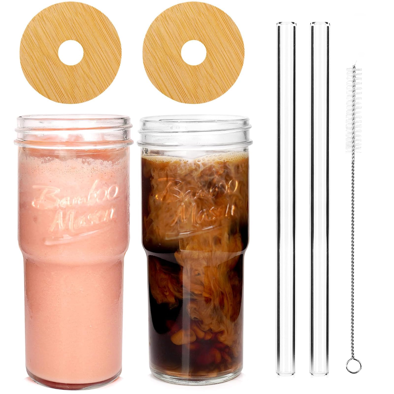ANOTION Glass Cups with Handle, 24oz Glass Cups with Lids and Straws Travel Coffee Mug Bamboo Mason Jar Iced Cup Smoothie Tea Cl