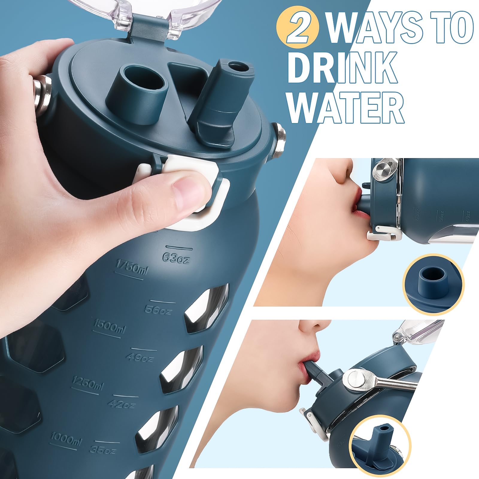 Mukoko 64Oz Glass Water Bottles With Straw And Lid,Half Gallon Water Bottle With Time Marker,Large Glass Water Jug With Silicone