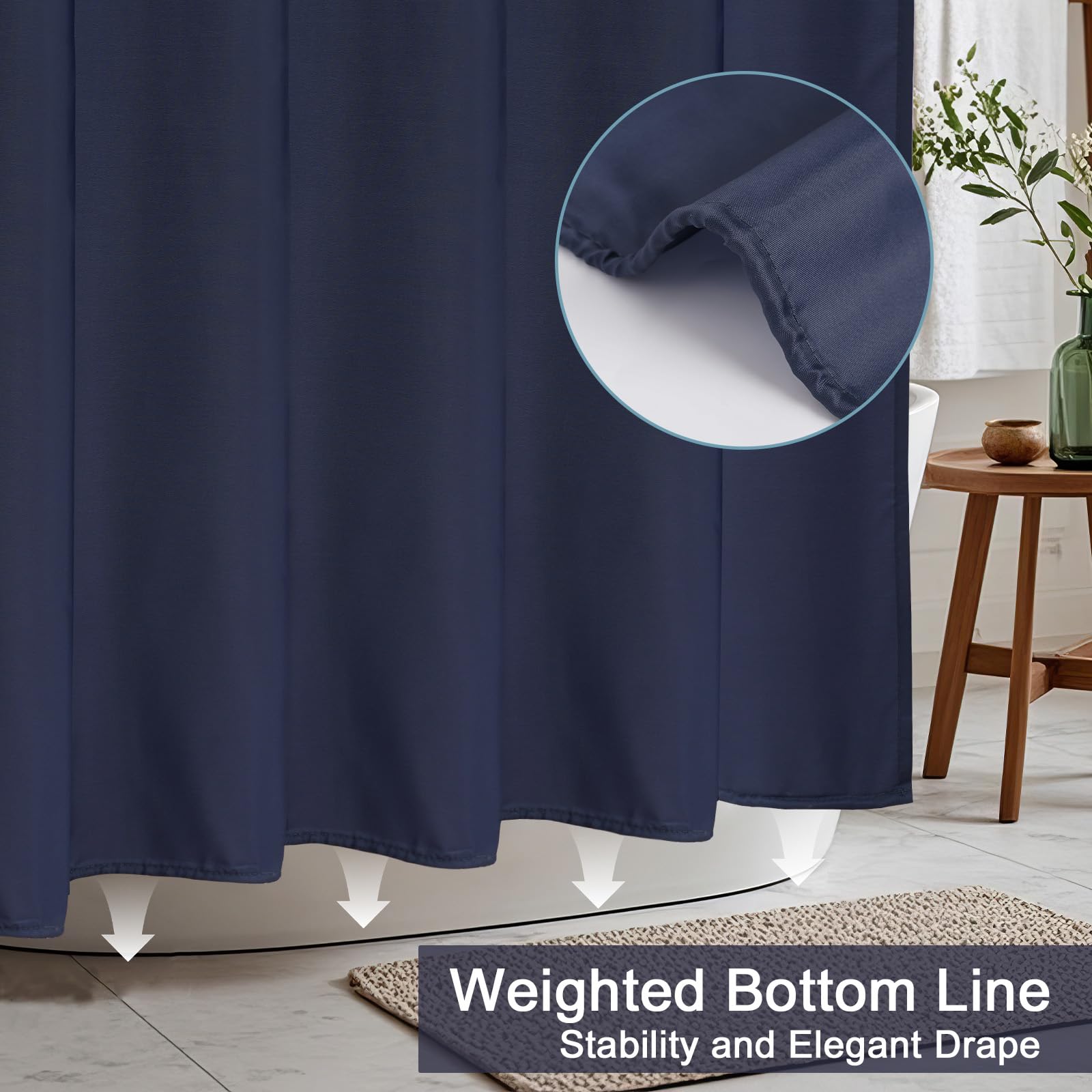 AooHome 72 Width x 96 Height inch Fabric Shower Liner  Extra Long Solid Color Shower Curtain with Hooks  Weighted Hem  Waterproof  Navy Blue
