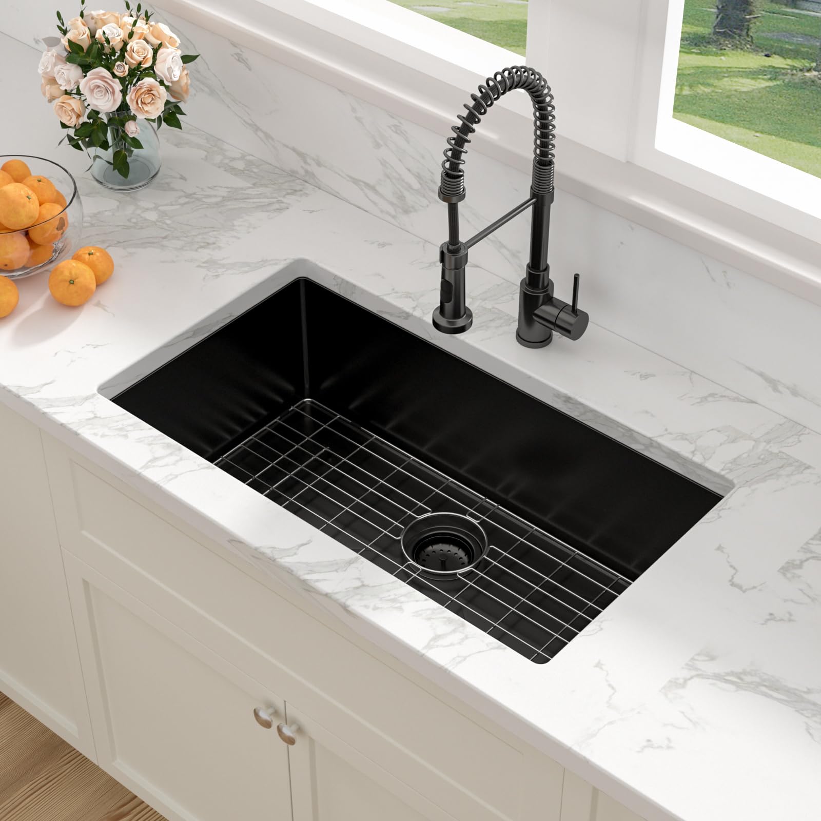 Sarlai 32 Matte Black Undermount Kitchen Sink - 32X19 Inch Kitchen Sink Undermount With Ledge Nano-Tech Round Corner 16 Gauge St