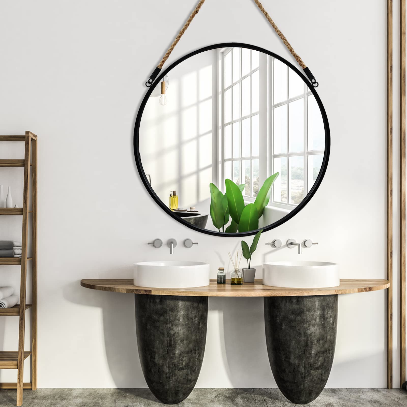 POZINO Large Round Hanging Rope Mirror, Circle Wall Mirror, 24 Inch Black Frame Farmhouse Mirror for Bathroom Bedroom Living Roo