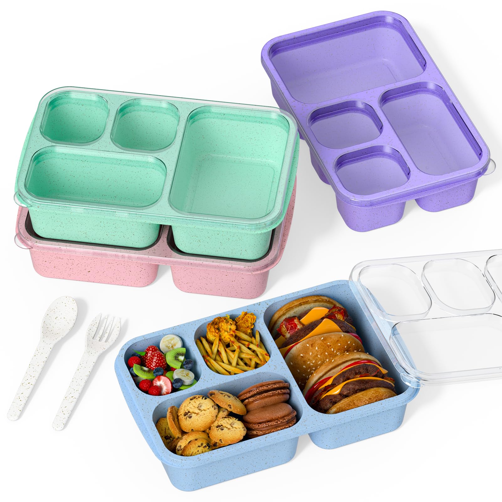 Suwine Bento Box 4Pack 5Compartment Meal Prep Containers, BPAFree Plastic, Stackable Food Storage Lunch Boxes for Adults and 