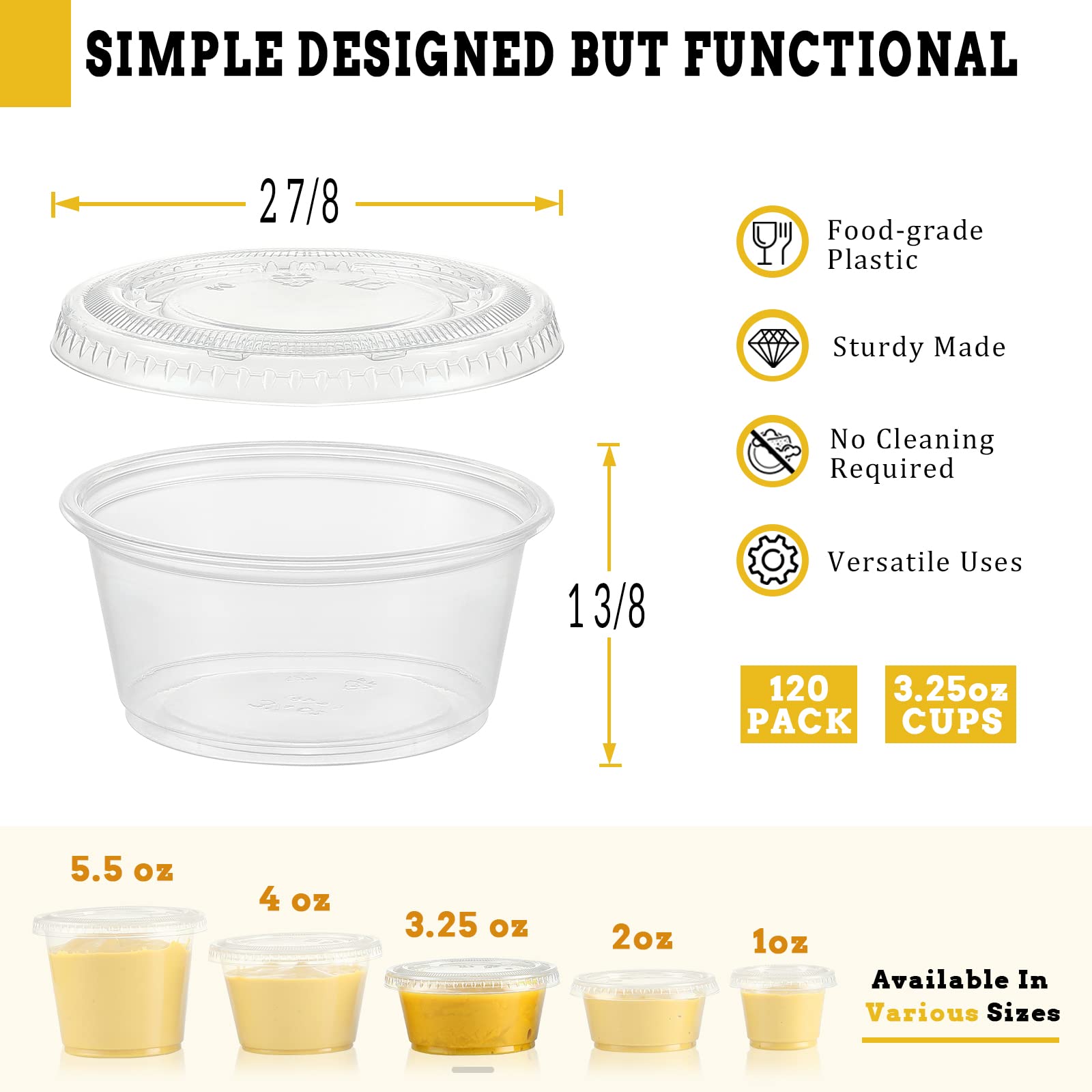 Vitever [120 Sets - 3.25 Oz ] Portion Cups With Lids, Small Plastic Containers With Lids, Airtight And Stackable Souffle Cups, J