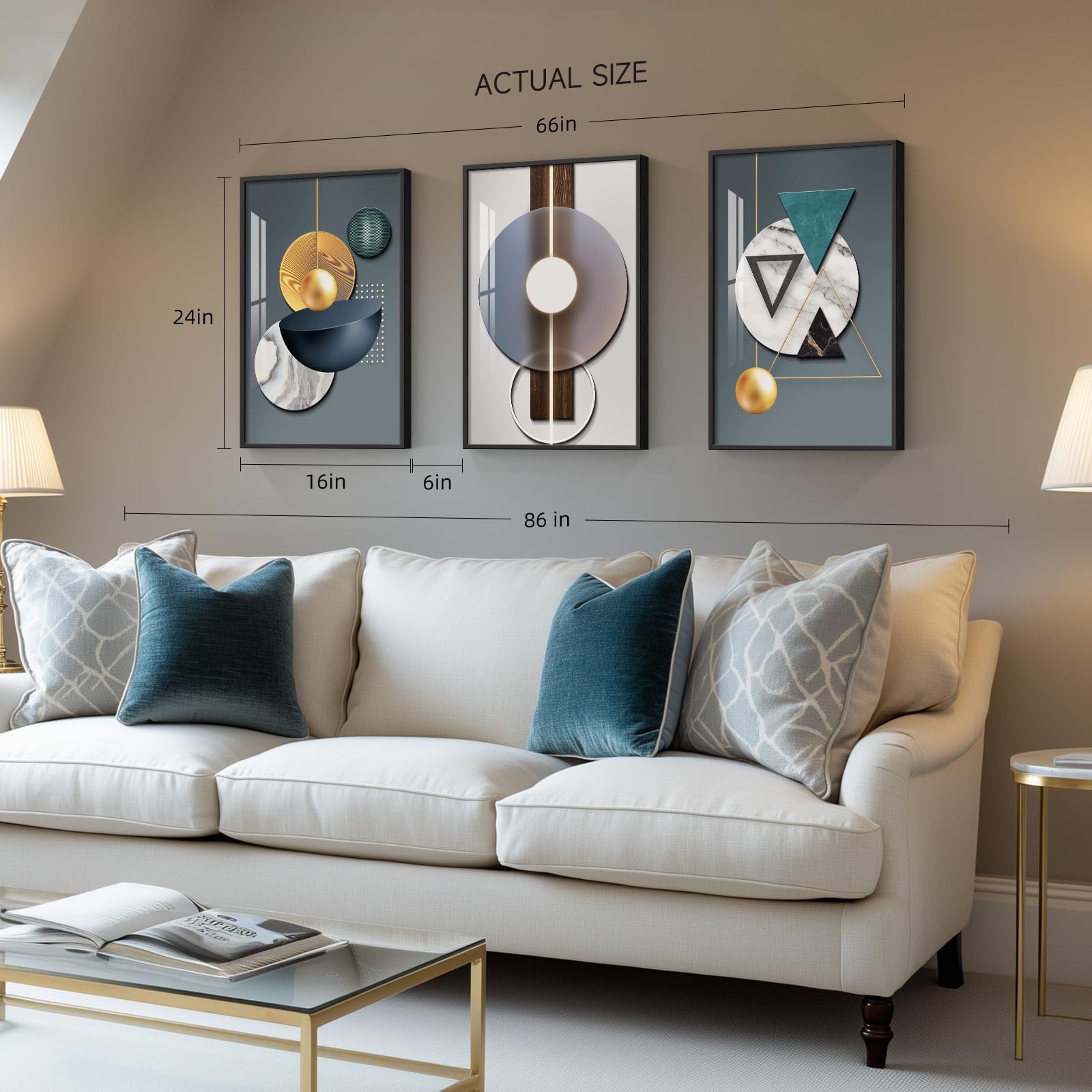 Framed Modern Wall Art For Living Room, 3 Piece Modern Luxury Bright Style Blue Green Paintings Wall Decor, Geometric Prints Art