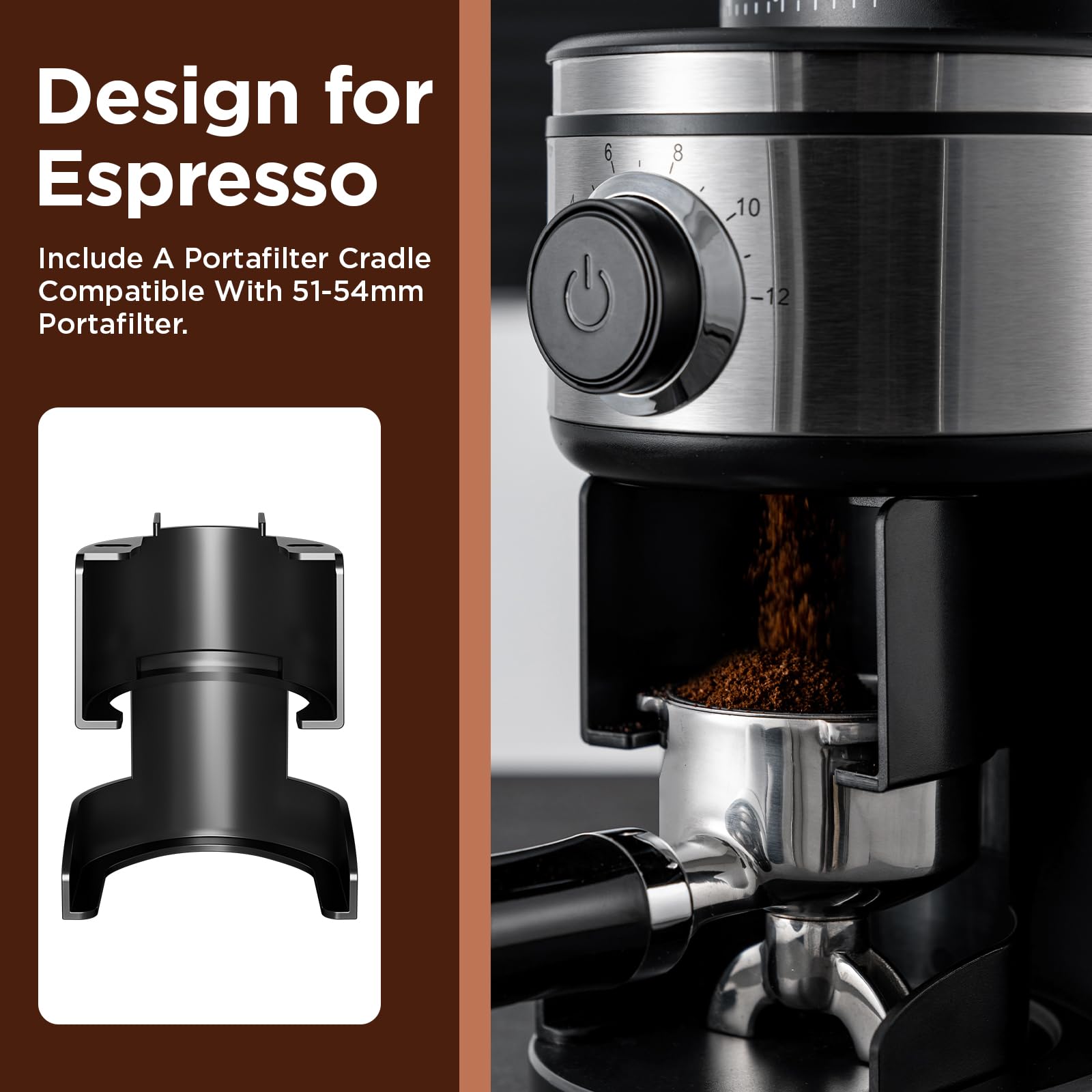 Ollygrin Electric Conical Coffee Grinder, 30 Grind Settings, 5.4x7x12.9 inch, Stainless Steel, Black & Silver, Model BG702S-PG