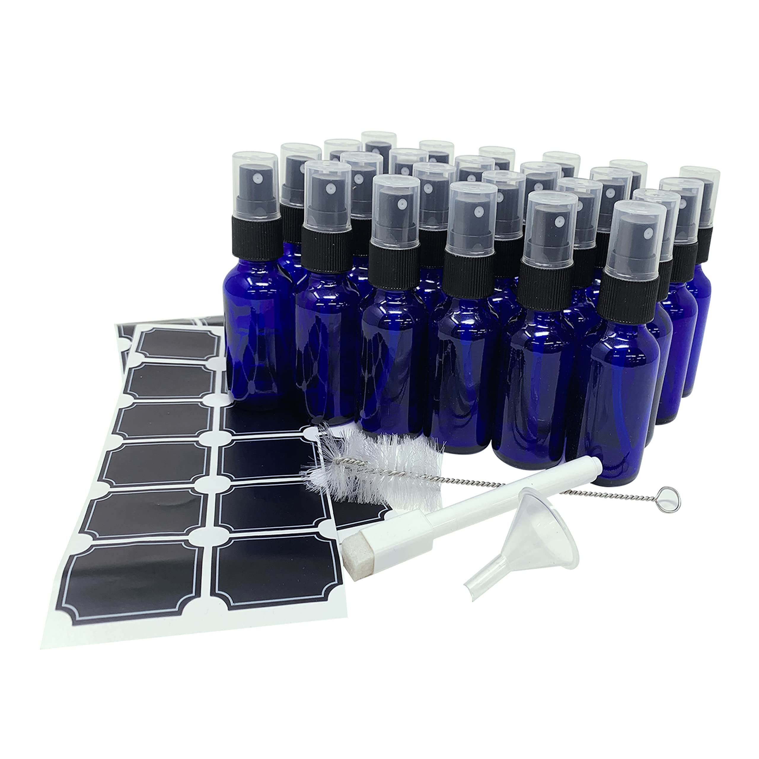 Nevlers 24 Pk 1 Oz Blue Small Glass Spray Bottles For Essential Oils - Perfume |Refillable Travel Size Spray Bottle Set Includes