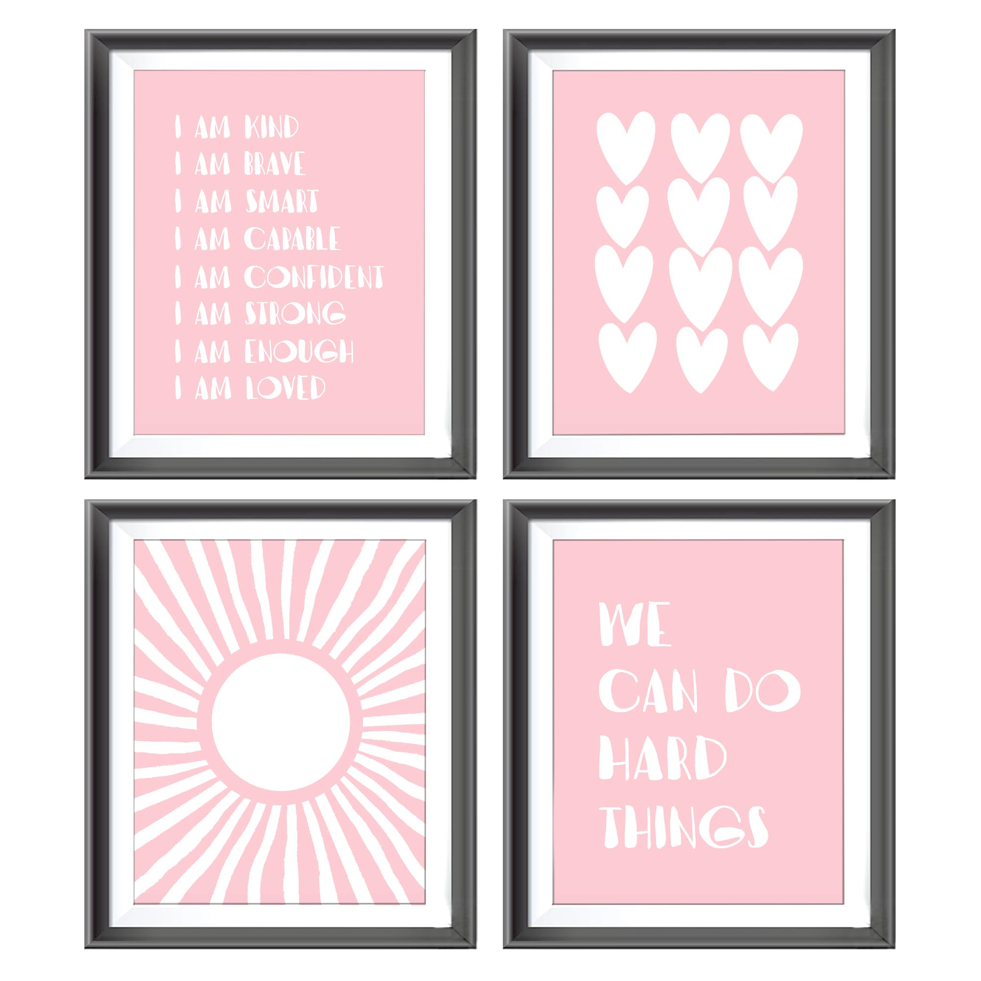 I Am Kind Brave Smart Affirmations Pink Sun Sunshine Hearts Poster Prints For Girls Kids Room Playroom Decor,Girl Nursery Decora