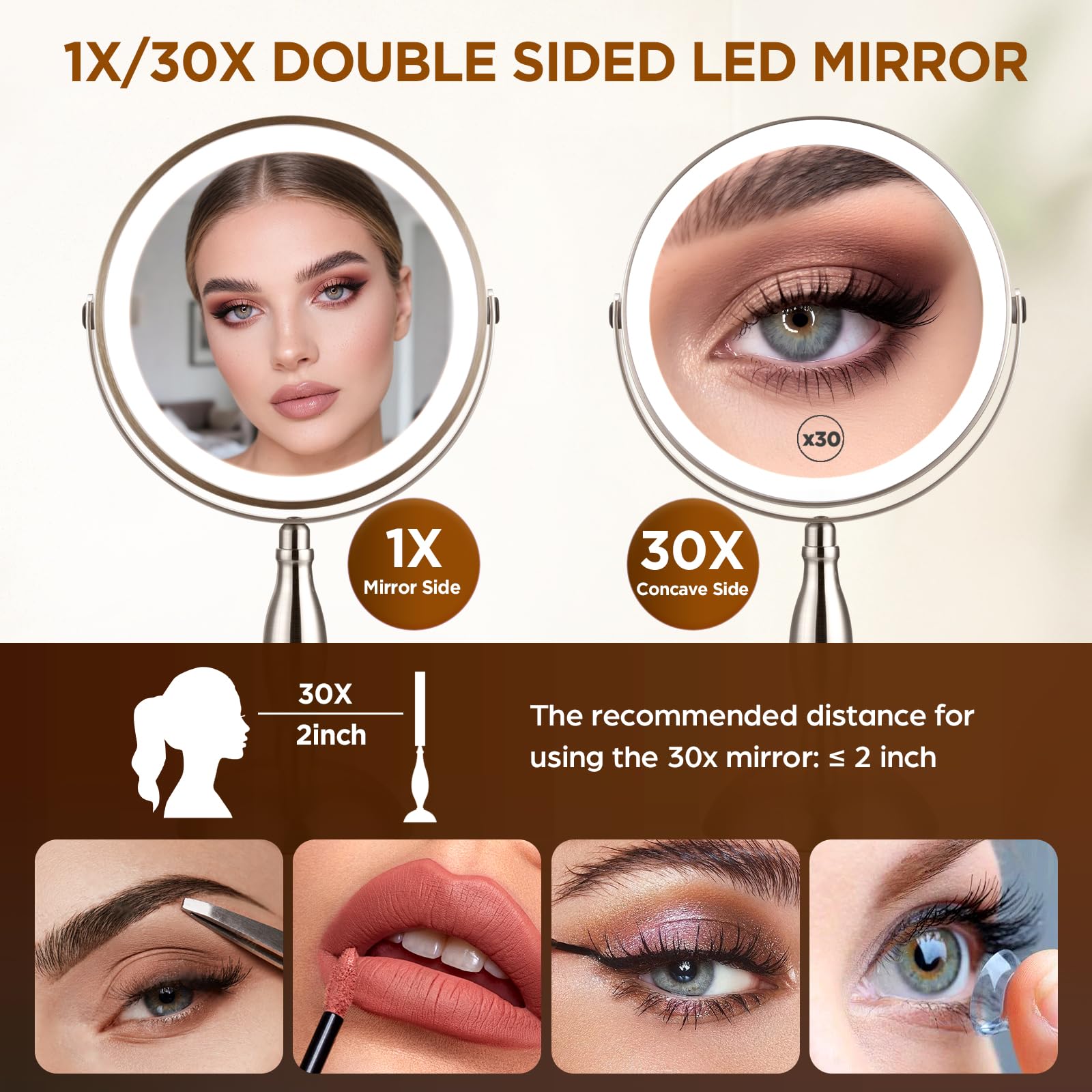 Makeup Mirror With Lighted, 30X Magnifying Mirror With 3 Lights Colors, Vanity Mirror Brushed Nickel - 360 Rotation, Brightness