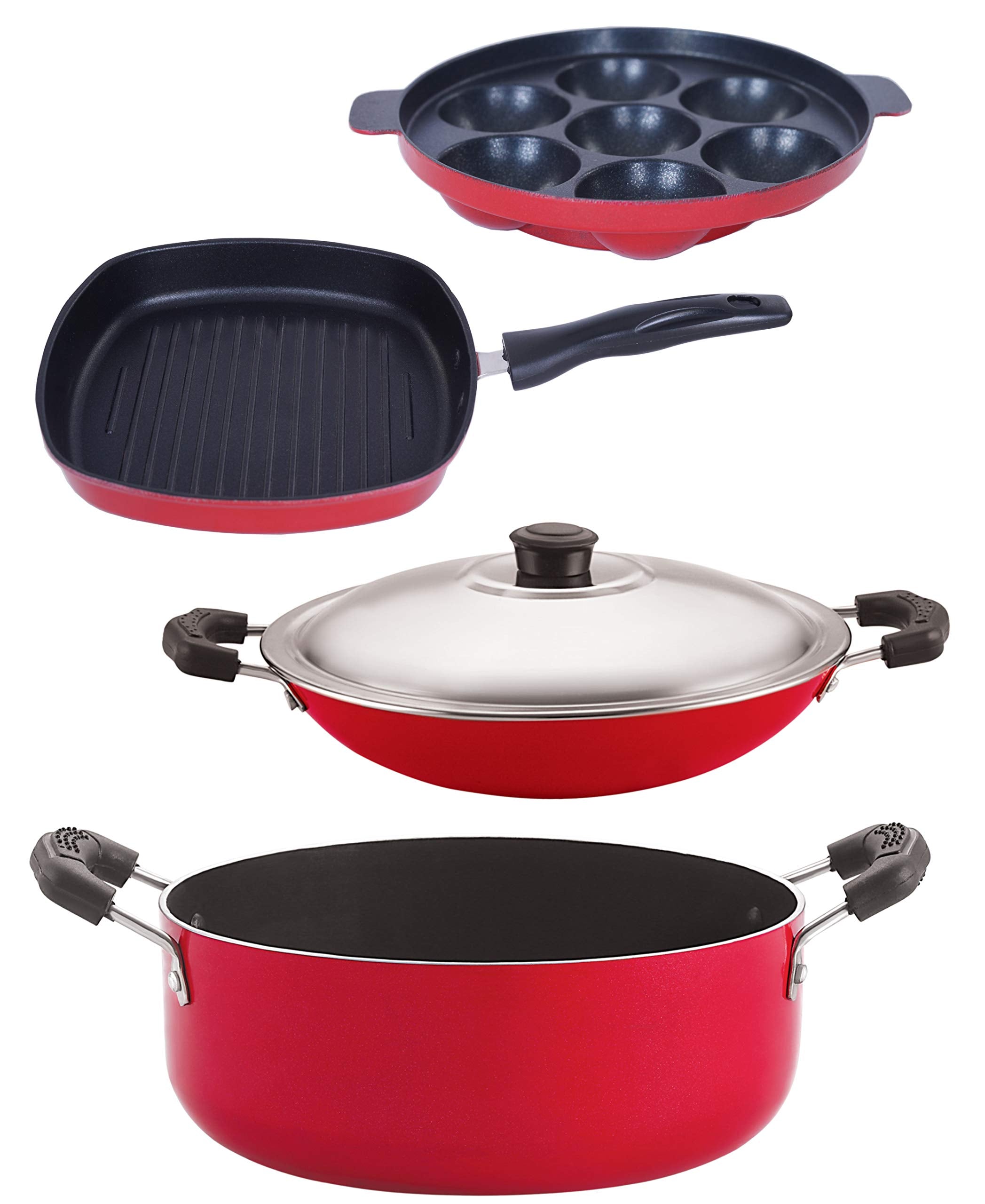 Nirlon NonStick Aluminium Cookware Set, 4Pieces, Red (Ac_Ap7_Gp24.5_Cs24)