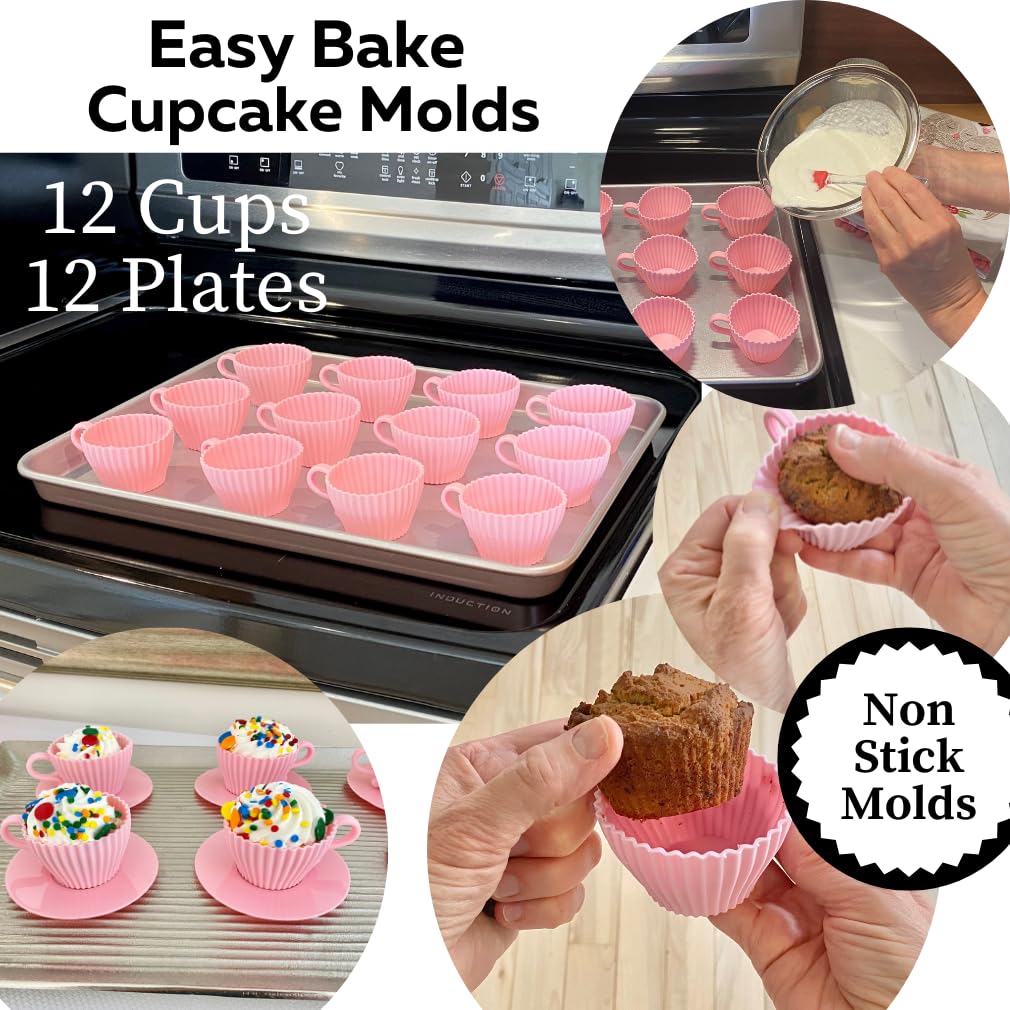 Evelots Baking Cupcake Molds - Silicone Teacup Set - 48 Pc Set - Oven-Safe - Nonstick - Muffin Cups For Bridal/Baby Shower, Birt