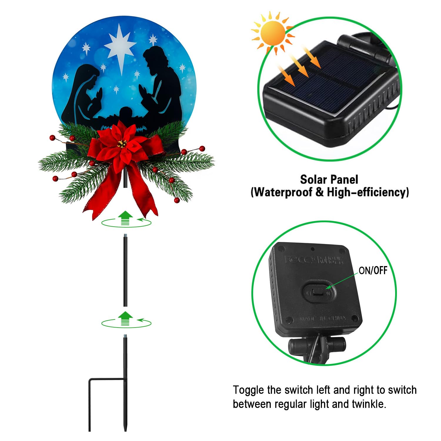 VV-Ladybug Christmas Jesus Solar Garden Stake Decor Outdoor Waterproof LED Lighted Yard Art Religious Xmas Decor for Patios Cour