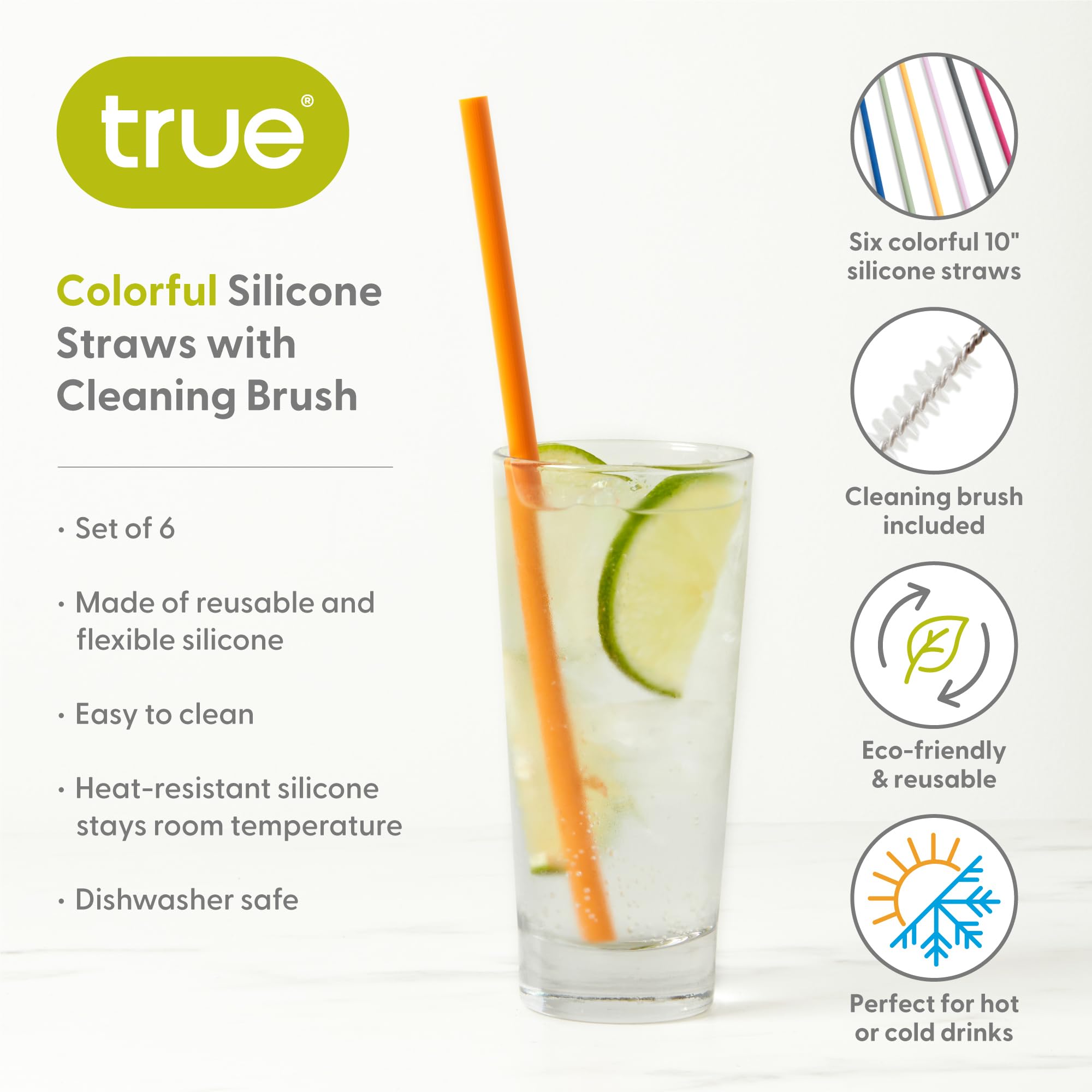 True Reusable Silicone Straws With Cleaning Brush, For Smoothies, Hot And Cold Drinks, Travel Straws, Drinking Accessories, Set