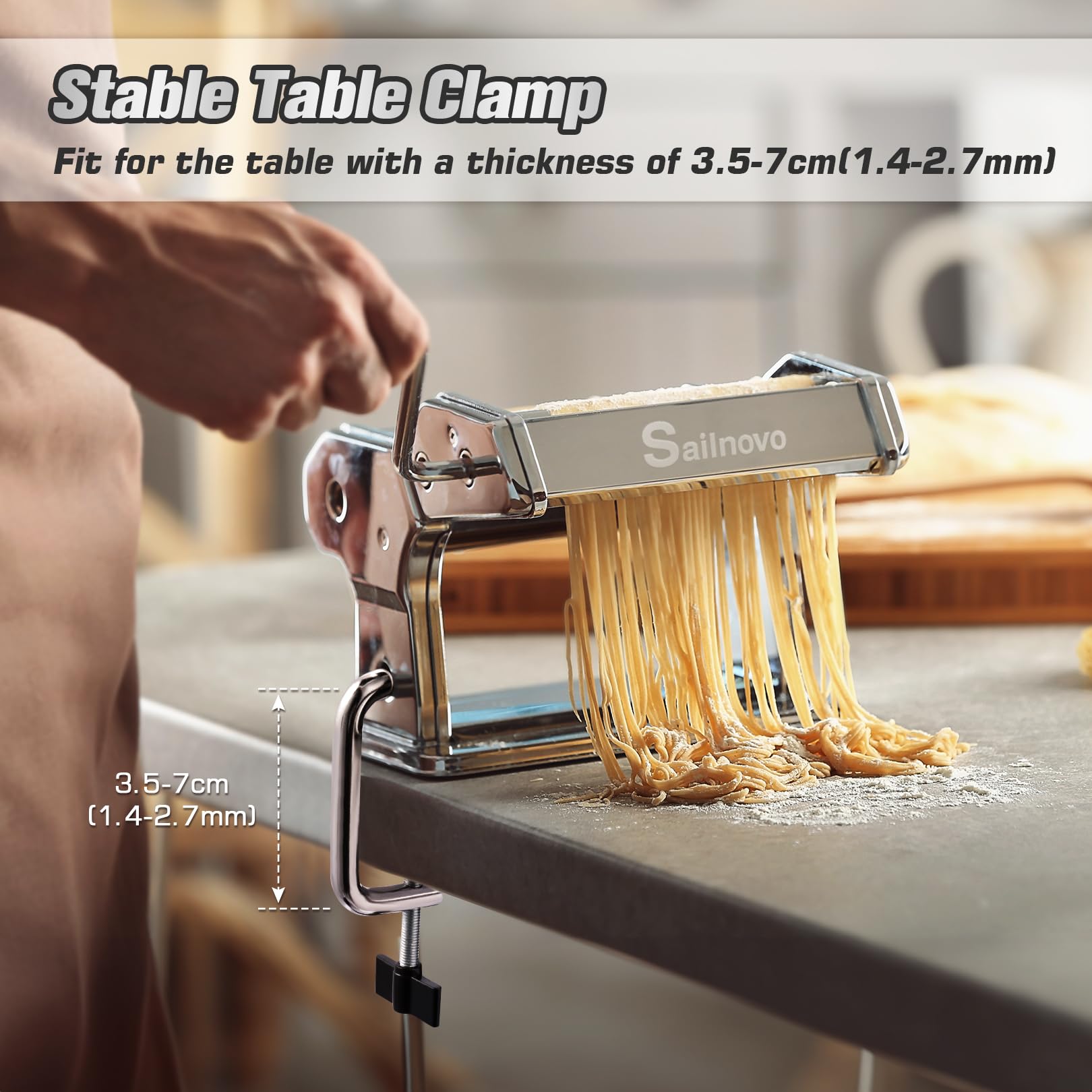 Sailnovo Pasta Maker Machine, 180 Roller, 9 Thickness Settings, 9.4x11.8x7 inches, Aluminum, Silver, Model Machine1
