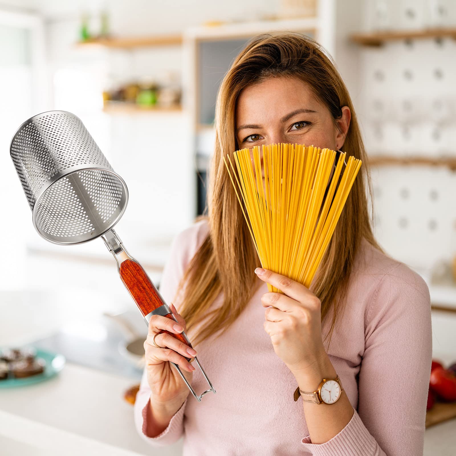 Tessco 6 Pcs Pasta Cooker Stainless Steel Pasta Basket With Wood Handle Kitchen Mesh Spider Pasta Strainer Skimmer Food Dumpling