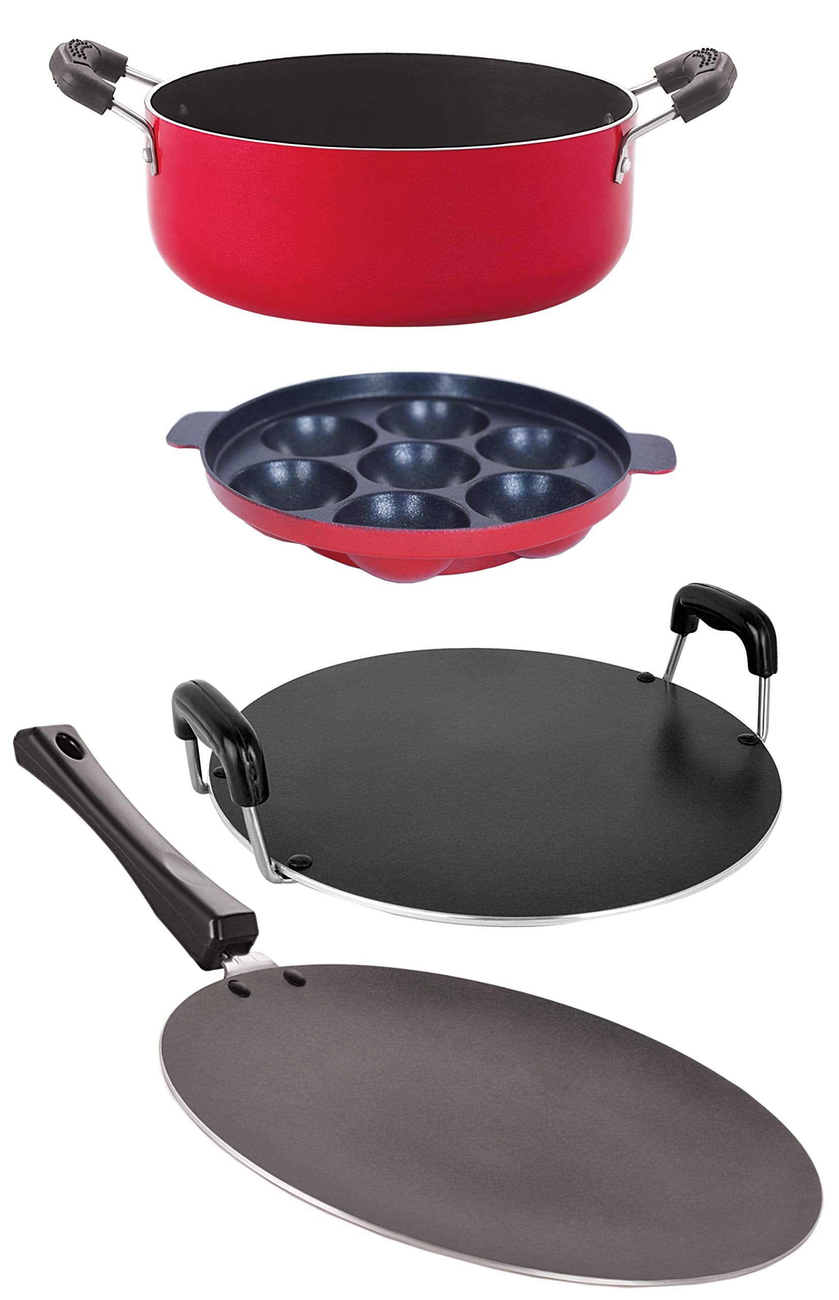 Nirlon Non Stick Cookware Kitchen Accessories For Cooking Combo Set(Ct12_Rt_Ap7_Cs24) Red And Black