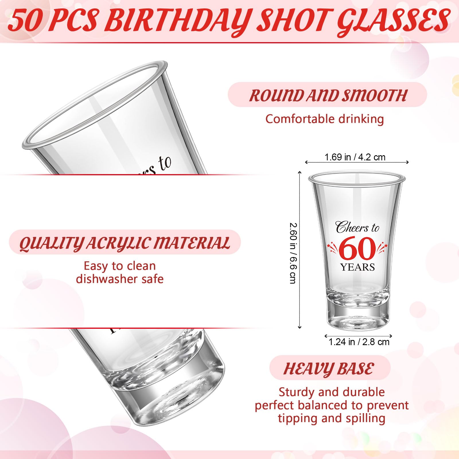 Pickmesh 50 Sets Black Red Birthday Party Favors for Guests Souvenir Multicolor 60 Years Old Gift Bulk Acrylic Clear 1.2oz Shot