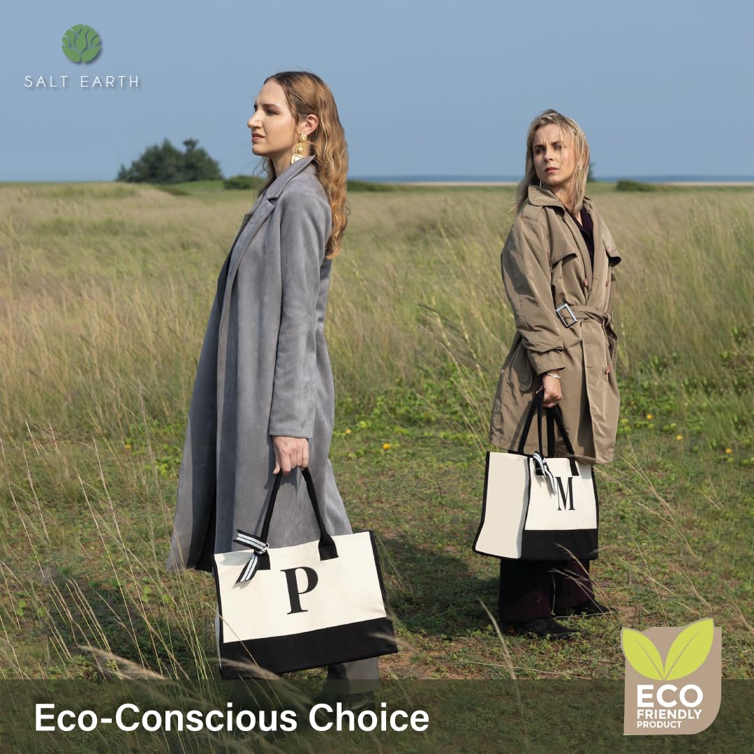 Salt Earth 100% Cotton Personalized Everyday Canvas Initial Tote Bag For Women, Monogrammed Large Utility Bag For Beach, Travel,