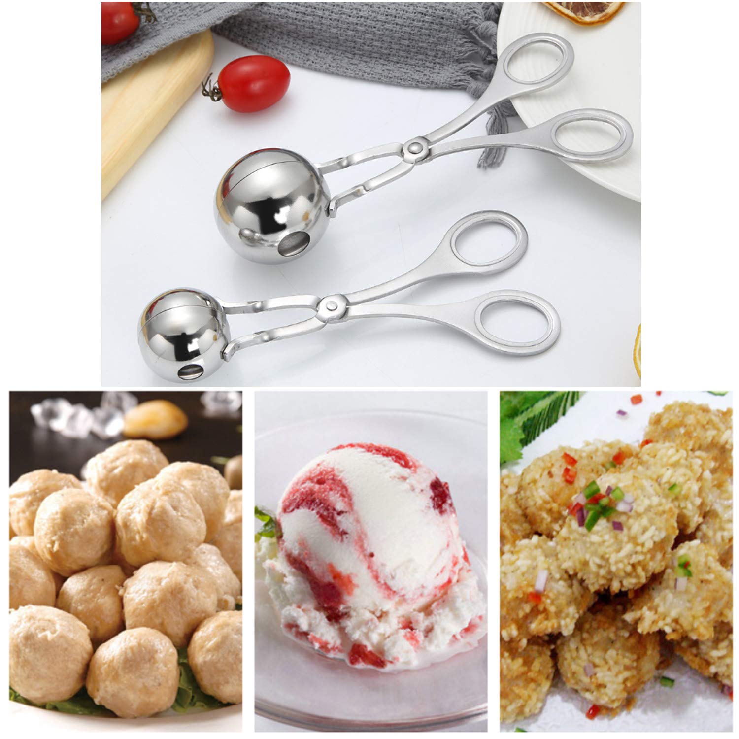 Leefone 2 Pcs Stainless Steel Meat Baller Tongs, Meatball Scoop Maker For Meatball, Cake, Ice Cream, Melon Fruits, Kitchen Tool,