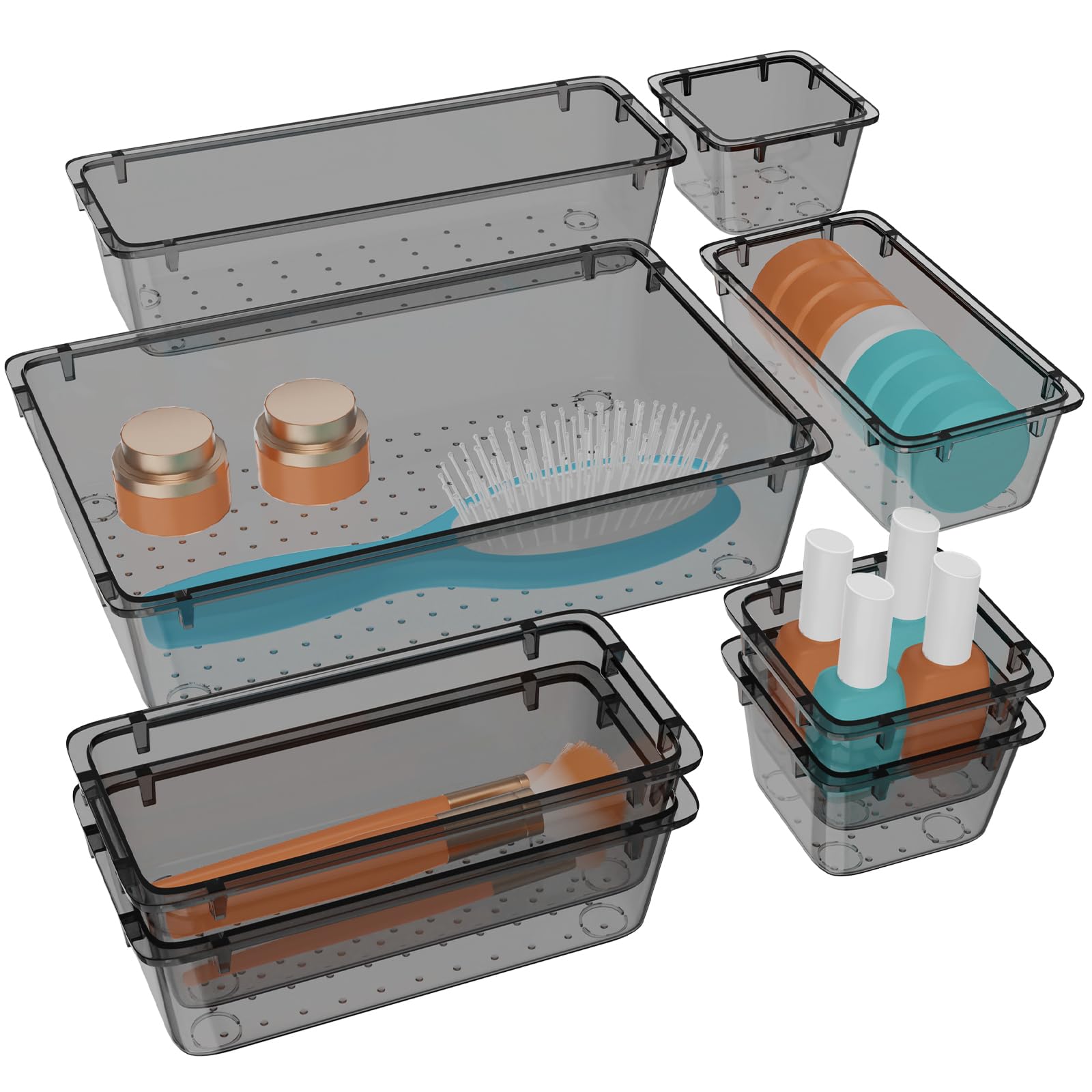 WOWBOX 8 PCS Clear Plastic Drawer Organizer Set, 4 Sizes Desk Drawer Organization and Storage Containers for Makeup, Cosmetics, 