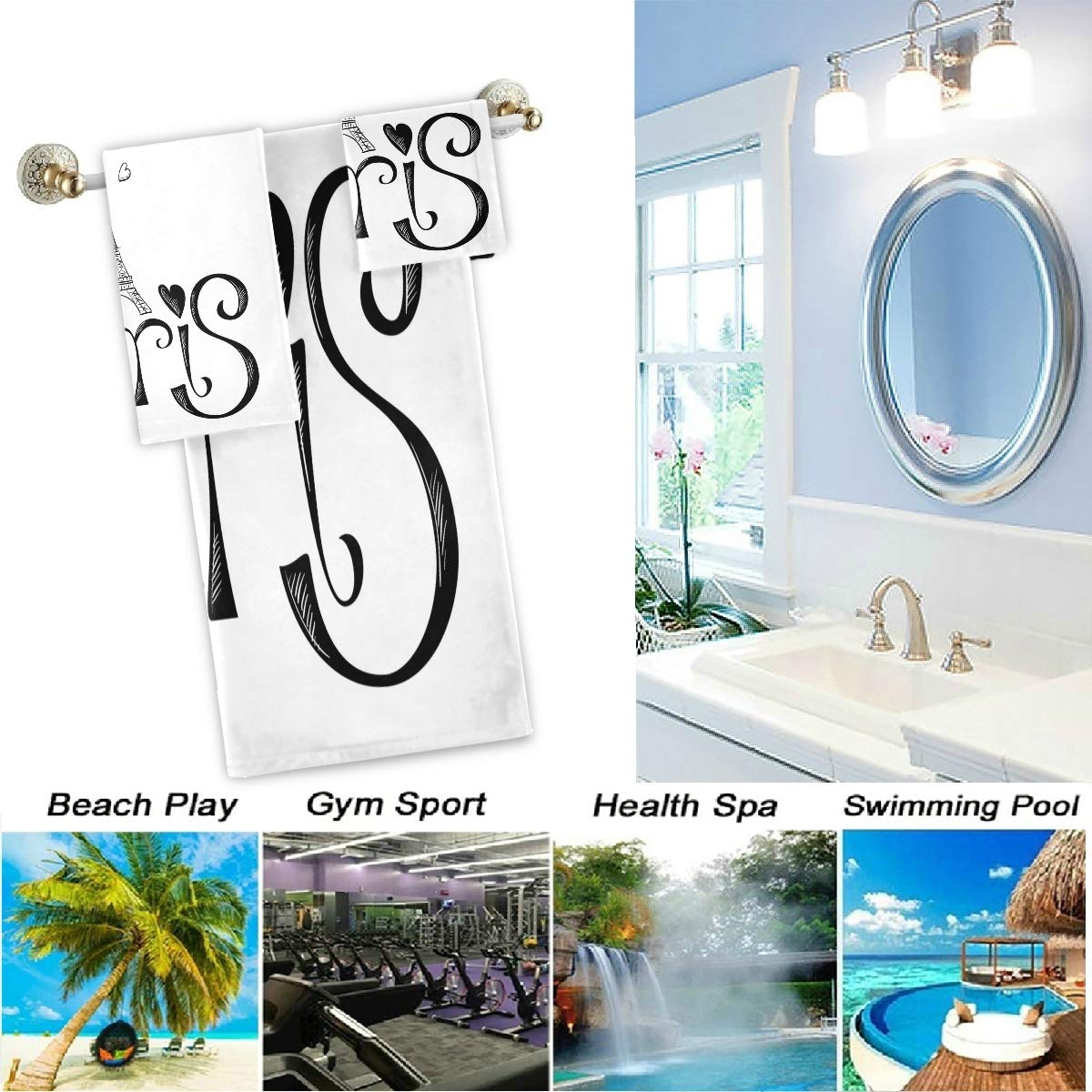 Naanle Stylish Eiffel Tower Paris Soft Luxury Decorative Set of 3 Towels  1 Bath Towel+1 Hand Towel+1 Washcloth  Multipurpose for Bathroom  Hotel  Gym  Spa and Kitchen(Black White)