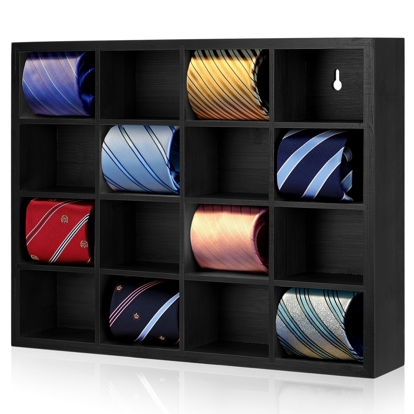 Wesiti Tie Rack Wall Mounted Tie Box Tie Organizer with 16 Compartments Bamboo Tie Holder for Belt Men Scarf Necktie Home Wall C