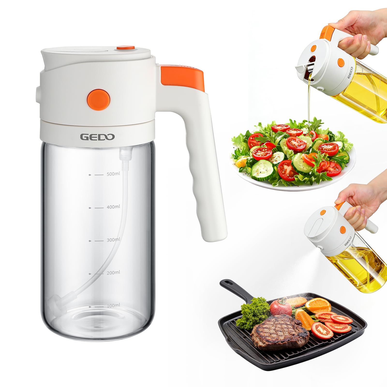 GEDO 2-in-1 Oil Sprayer & Dispenser, Borosilicate Glass Oil Bottle with Auto Open/Close Lid, One-Press Refill & Ergonomic Handle