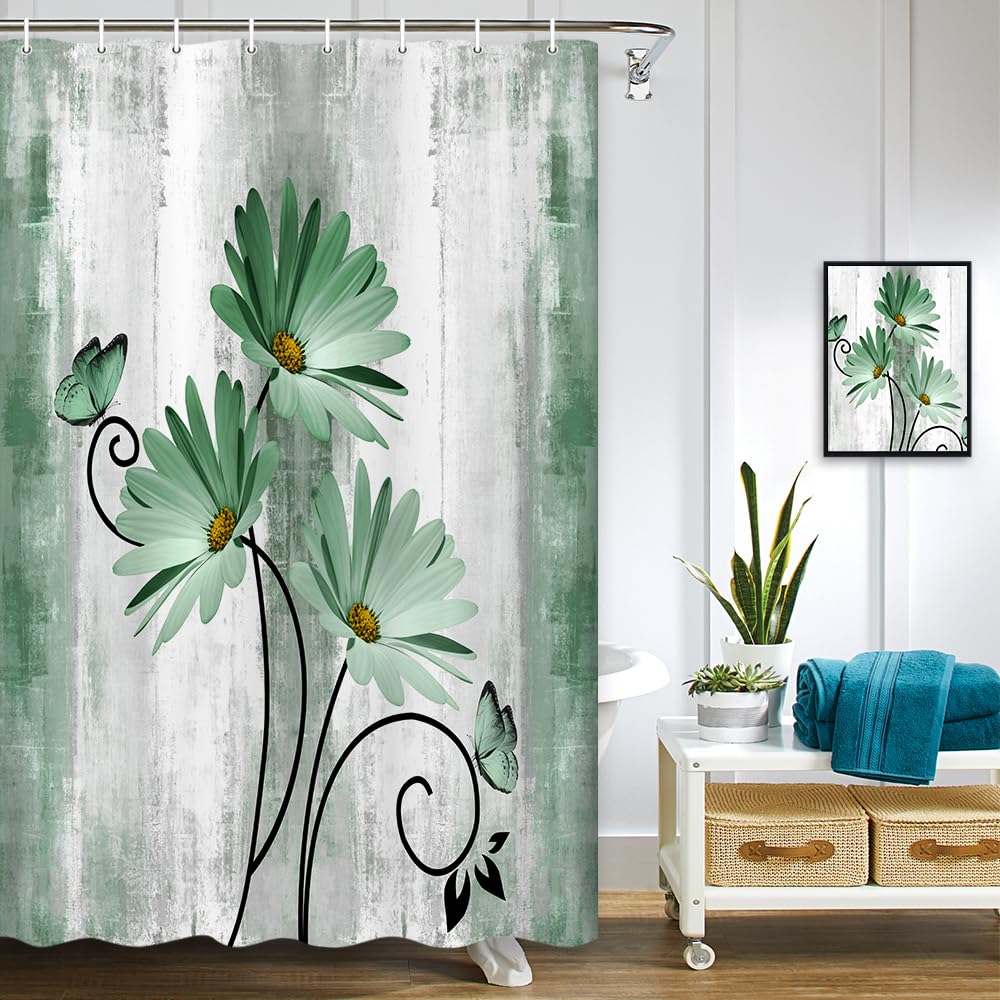 Rustic Farmhouse Shower Curtain, Farm Sage Green Daisy Floral Flowers And Butterfly On Country Wooden Shower Curtain For Bathroo