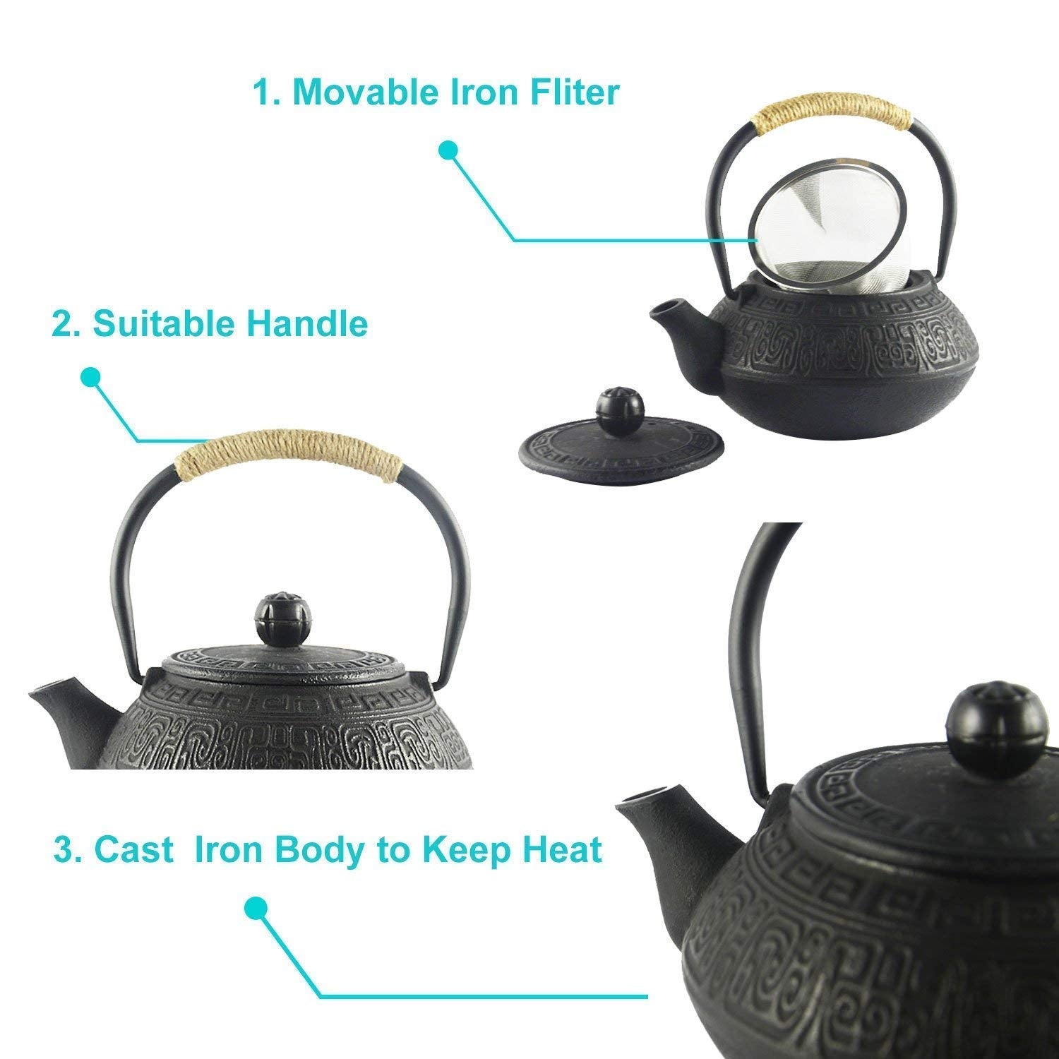 Hwagui - Japanese Cast Iron Teapot With Stainless Steel Tea Infuser, Tea Kettle Stovetop Safe 600Ml/20Oz