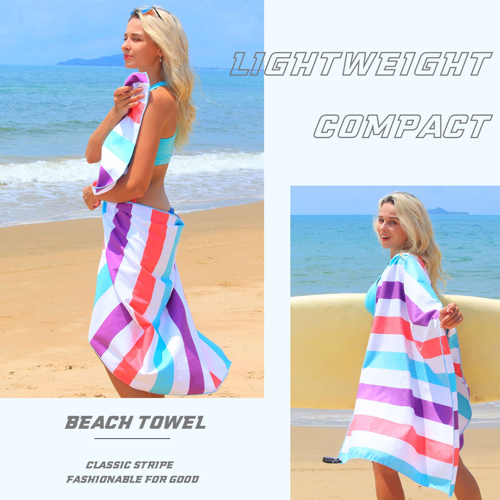 Exclusivo Mezcla Oversized Microfiber Quick Dry Beach Towel, Lightweight Sand-Free Cabana Stripe Pool Travel Camping Towel With