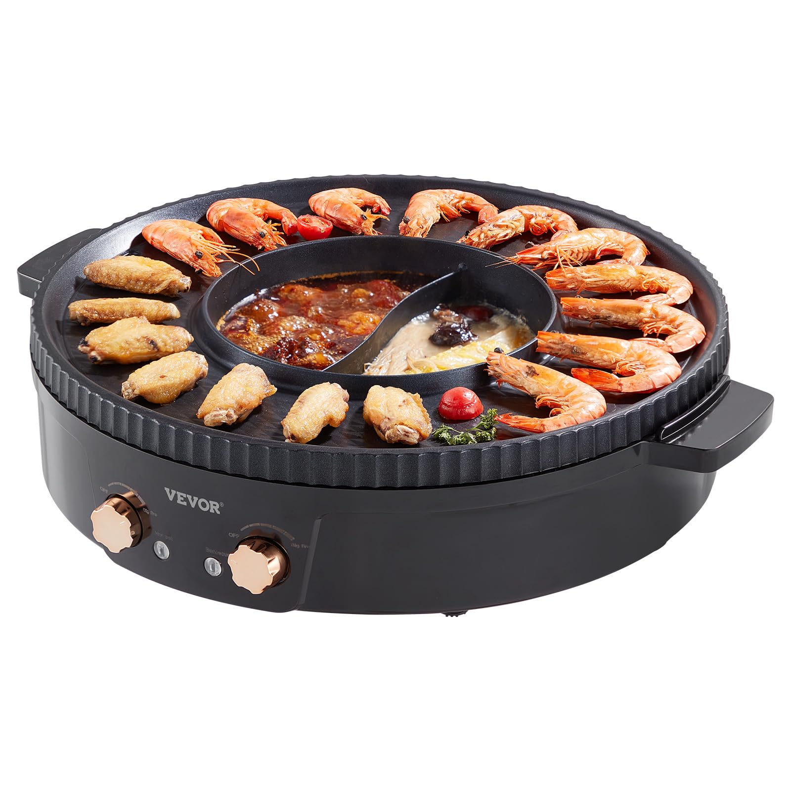 VEVOR Hot Pot with Grill, 1800W 2-in-1 Electric Smokeless Grill and Hot Pot, Korean BBQ Shabu Shabu Hotpot with Separate Dual Te