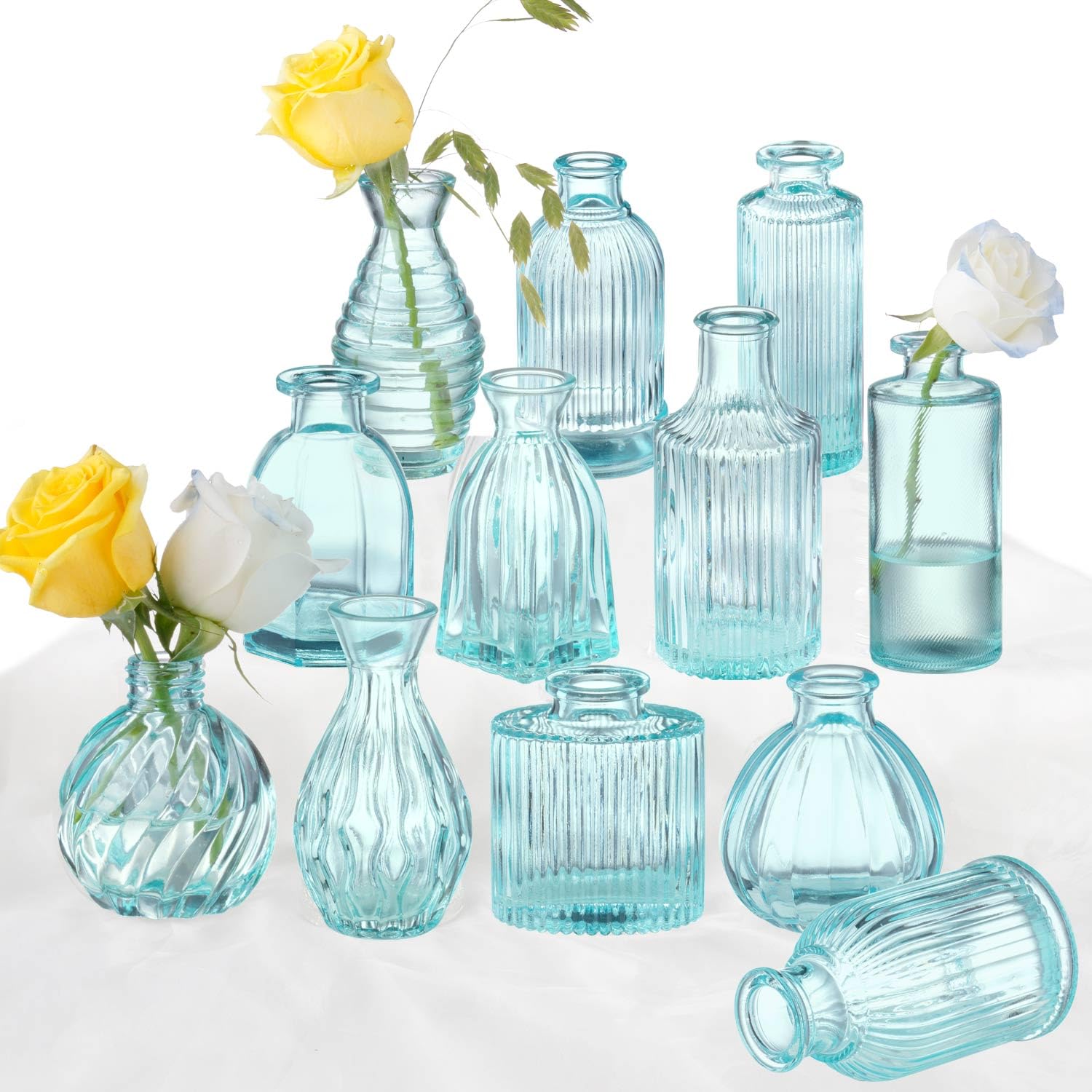 Blue Vase, Bud Vases Set of 12, Blue Glass Vase Small Vintage Flower Vase for Decor Ribbed Glass Bud Vases in Bulk Wedding Decor