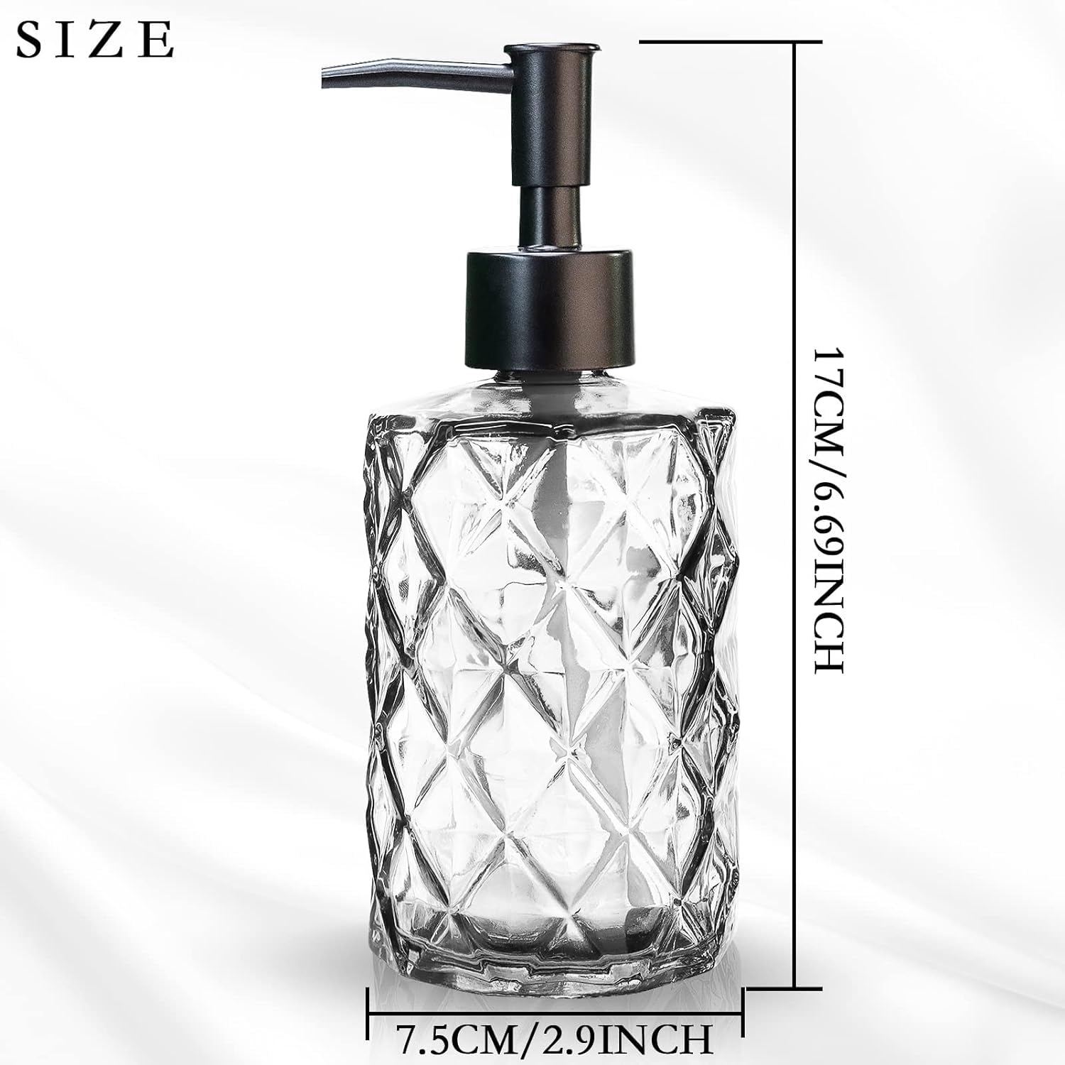 Ulable 2Pcs Clear Glass Soap Dispenser With Pump, 11Oz Diamond Design Refillable Soap Dispenser For Hand Wash, Dish Wash, Bathro