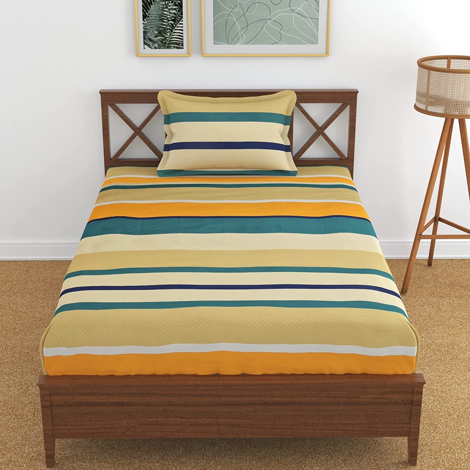 Spanglehomes 100% Soft Glace Cotton Elastic Fitted Single Bed Bedsheet With 1 Large Pillow Cover (Single Bed 50 * 75 Inches, Yel