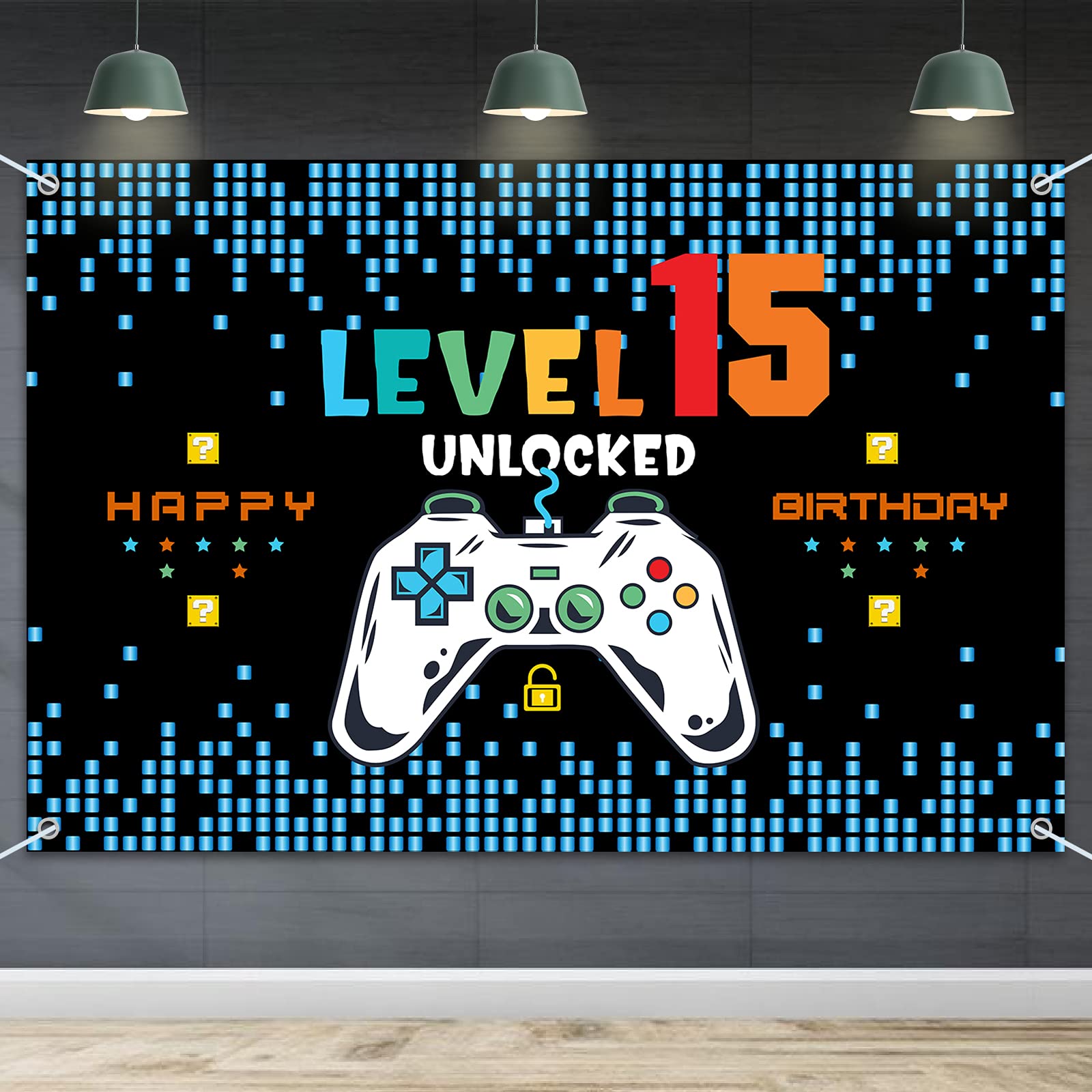 Hamigar 6X4Ft Happy 15Th Birthday Baner Backdrop - Level 15 Unlocked Birthday Decorations Party Supplies For Boys - Blue