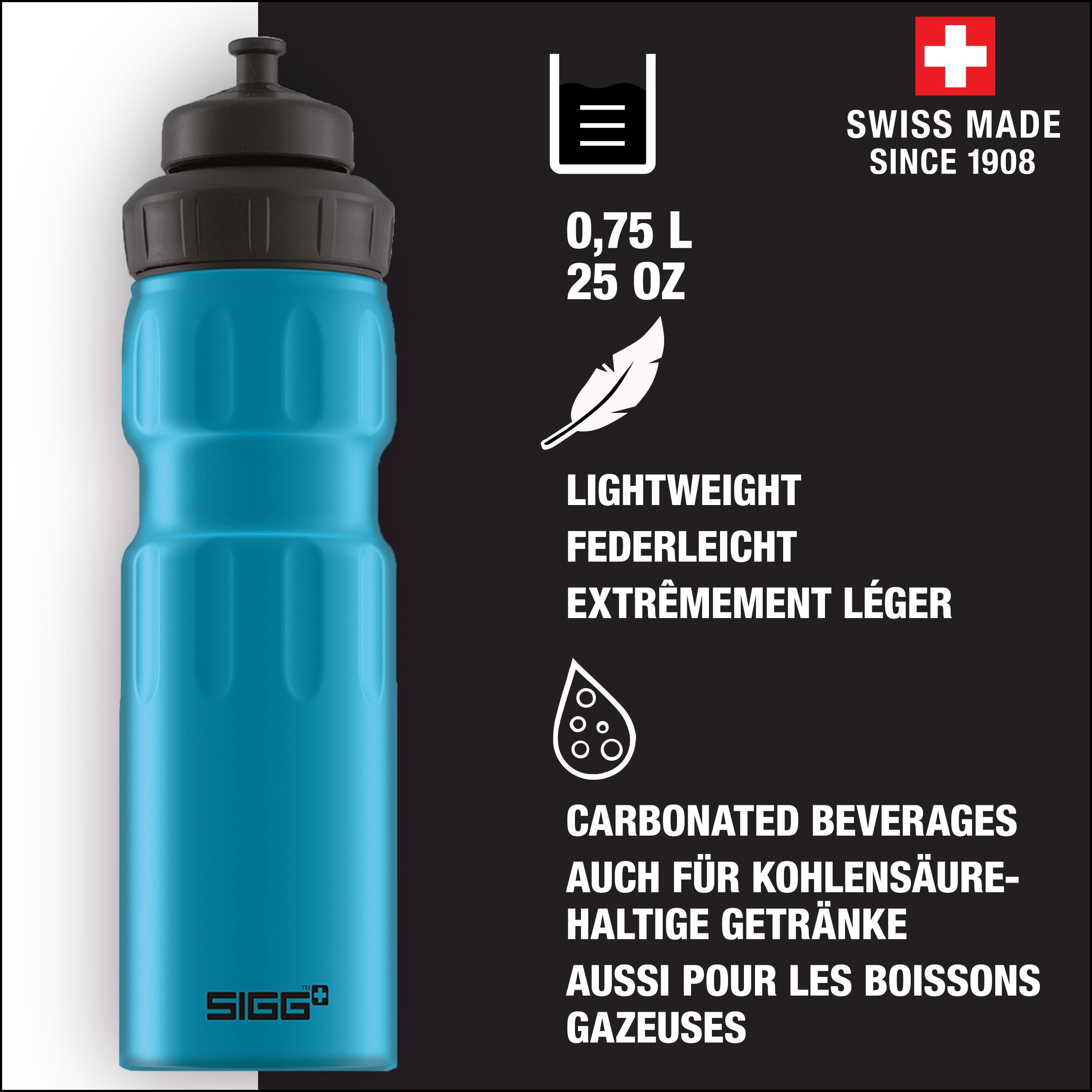 SIGG - Aluminum Sports Water Bottle Blue - With 3 Stages Sports Cap - Leakproof - Lightweight - BPA Free - 25 Oz