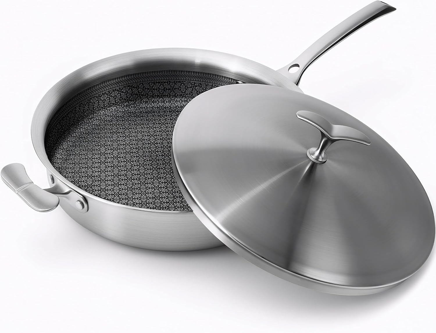 12 Inch Frying Pan Non Stick With Lid, Tri-Ply Stainless Steel Saute Pan 5.2Qt With Stainless Steel Lid, Fast And Even Heating S