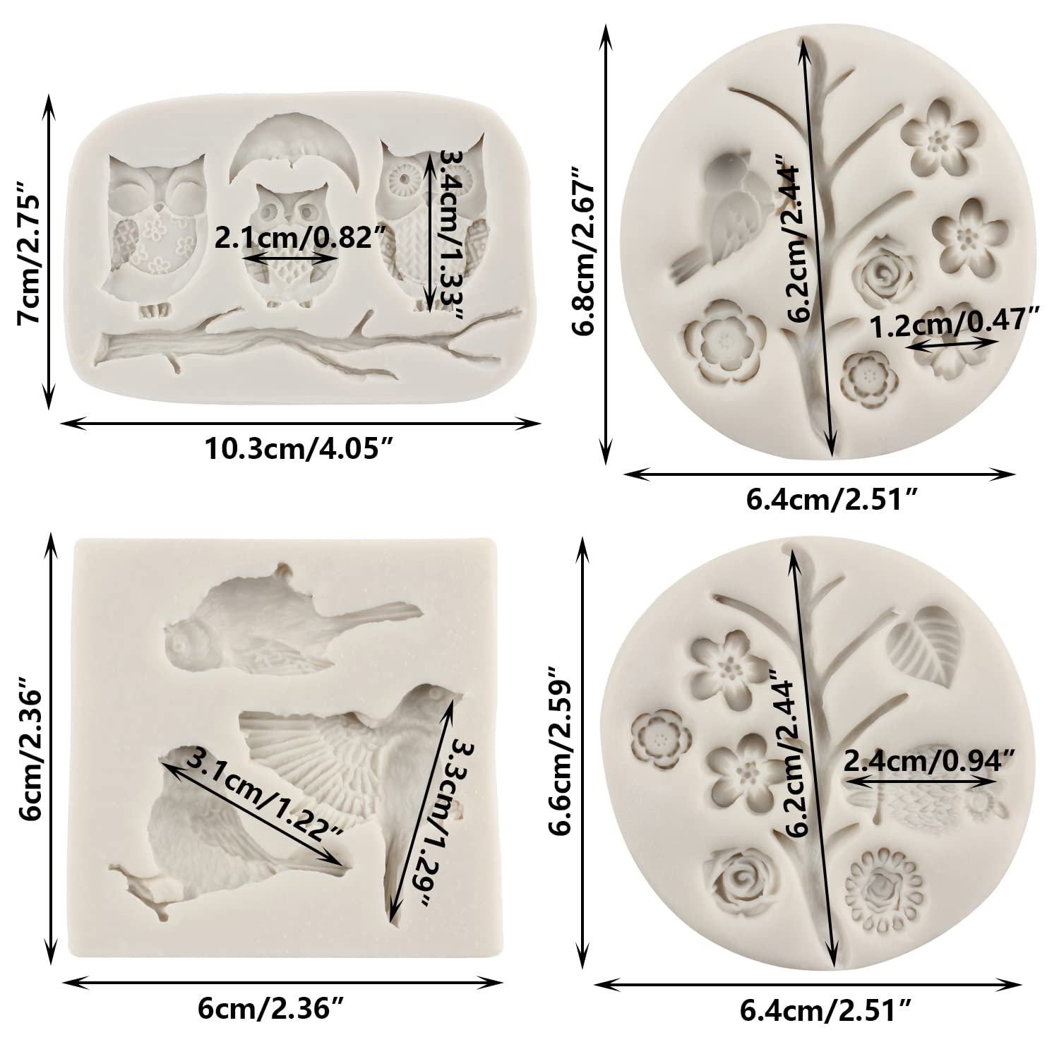 Sijiangmold Bird Silicone Molds Owls Tree Branch Fondant Mold Flower Leaves Silicone Molds For Cake Decorating Candy Chocolate G