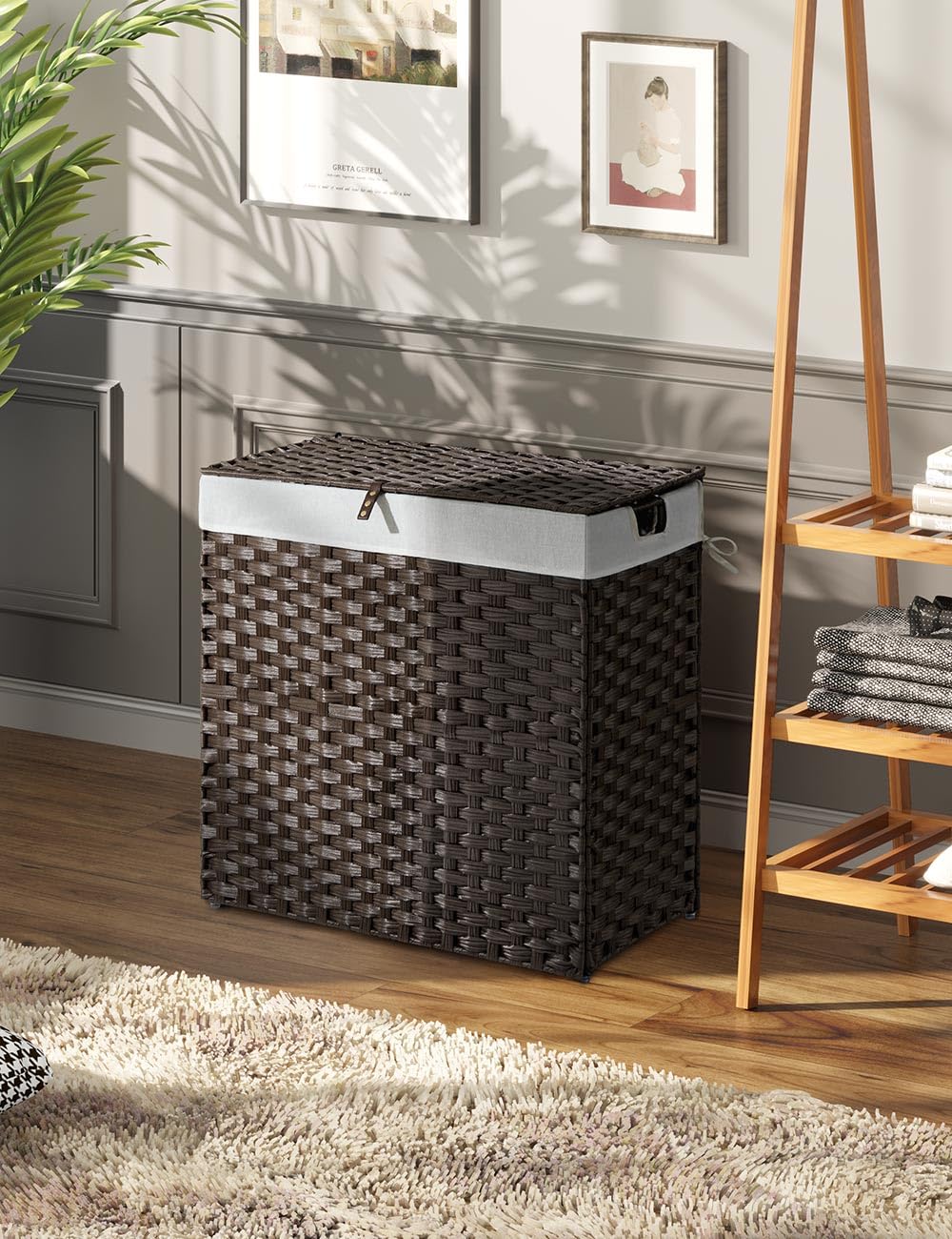 Greenstell Laundry Hamper With Lid, No Install Needed, 90L Wicker Laundry Baskets Foldable 2 Removable Liner Bags, 2 Section Clo