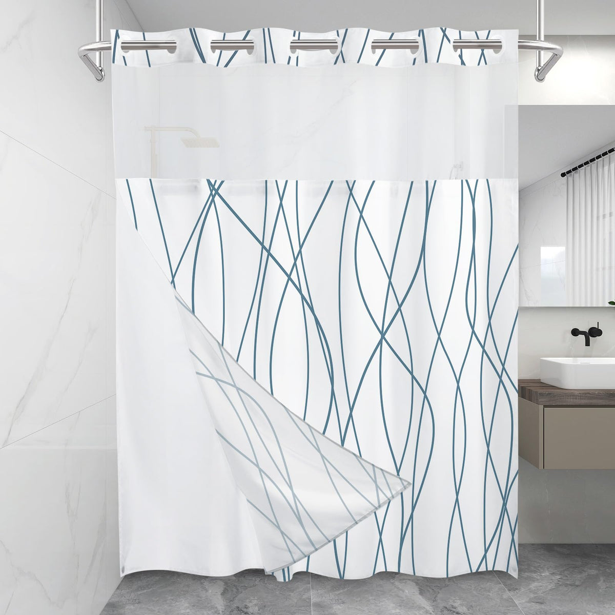 Lxbni No Hook Navy Blue Striped Shower Curtain With Snap In Fabric Liner Set - Hotel Shower Curtain And Liner Set With See Throu