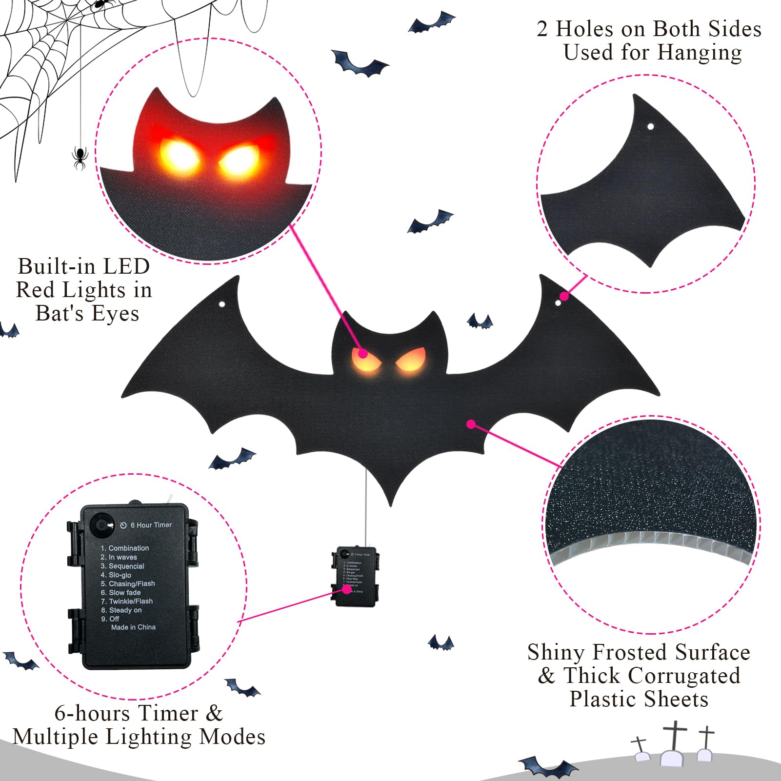 Lighted Halloween Hanging Bats, 4 Packs Halloween Decorations Outdoor Scary Large Black Hanging Flying Bat with LED Lights Spook