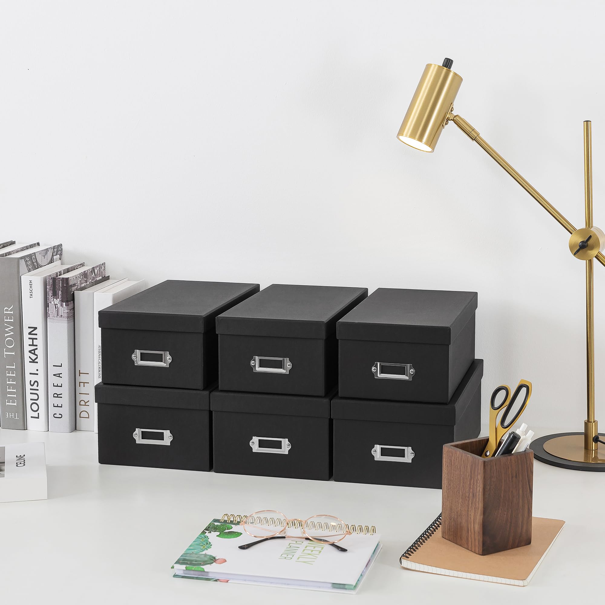Soul & Lane Black Storage Boxes - Set of 6 (3 Large, 3 Medium), Keepsake Memory Storage Boxes with Lids, Cardboard Organizers wi
