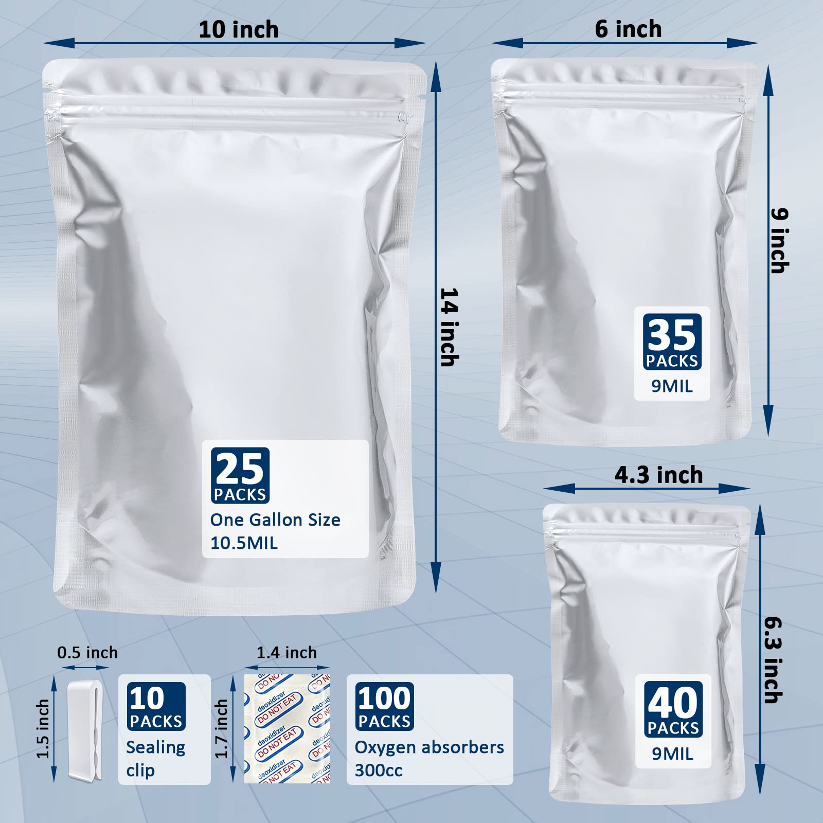100 Pack Mylar Bags For Food Storage With 100X300Cc Oxygen Absorbers - 9 Mil 10''X14'', 9Mil 6''X9'', 9Mil 4.3''X6.3'' - Reseala