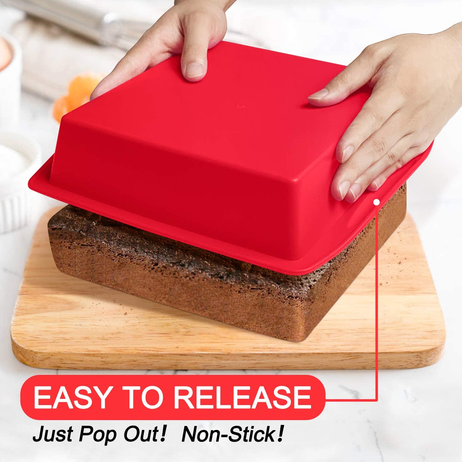 Walfos Silicone Square Cake Pan, 8 Inch, Red, Bpa Free, Non-Stick, Perfect For Brownies, Cakes, Bread, Pies, And Lasagna, Set Of