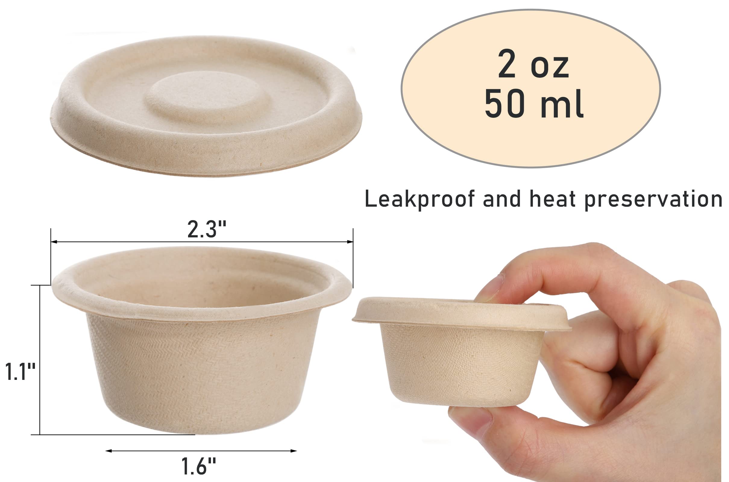 Yesland 200 Pack 2 Oz Natural Bagasse Fiber Cups With Lids, Paper Tasting Cups Disposable Sample Food Cup, Compostable Sauce Con