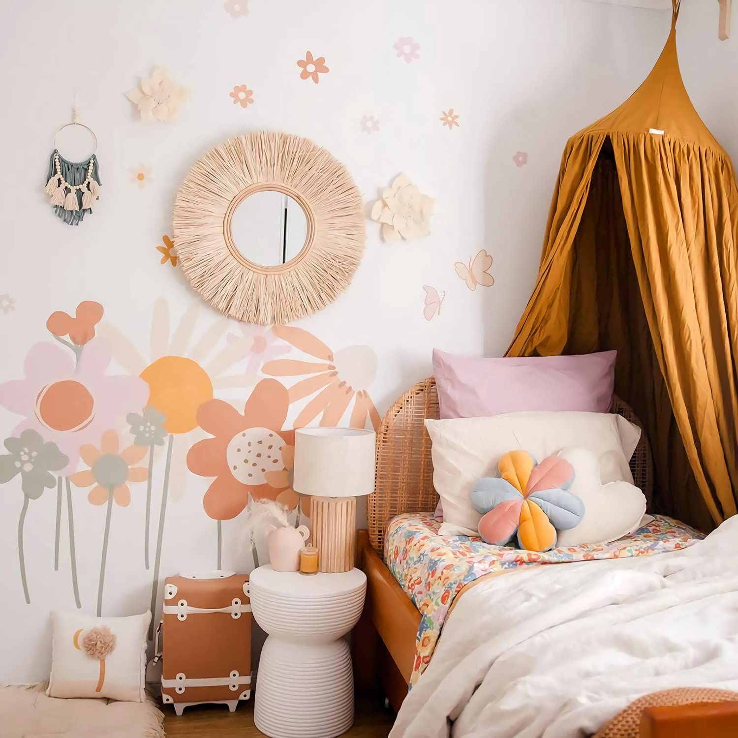 Supzone Colorful Flower Wall Stickers Boho Retro Flowers Wall Decals Large Vintage Floral Wall Art Sticker For Bedroom Living Ro