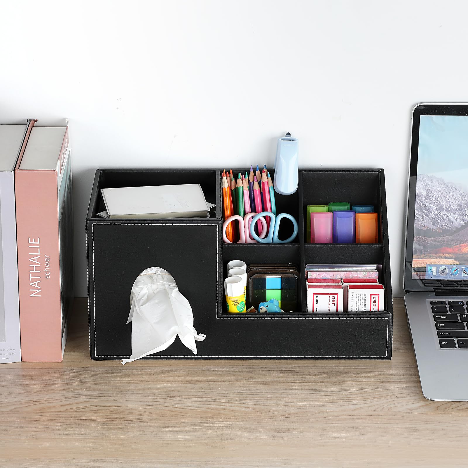 Sumnacon Tissue Box Cover Square Pu Tissue Box Organizer,Leather Tissue Box Cover With Storage,Stylish Tissue Box Holder For Bah