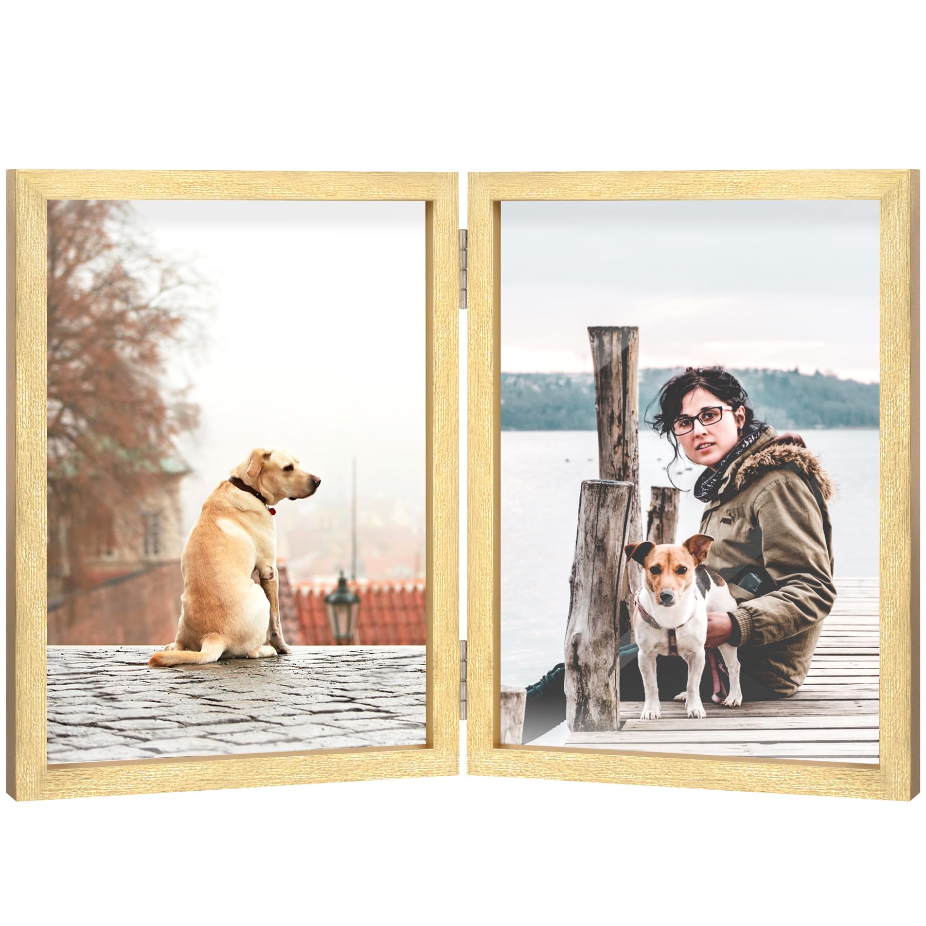 4x6 Double Picture Frame Wooden Hinged Photo Frame Definition Glass Stand Vertically on Desktop or Tabletop Gold